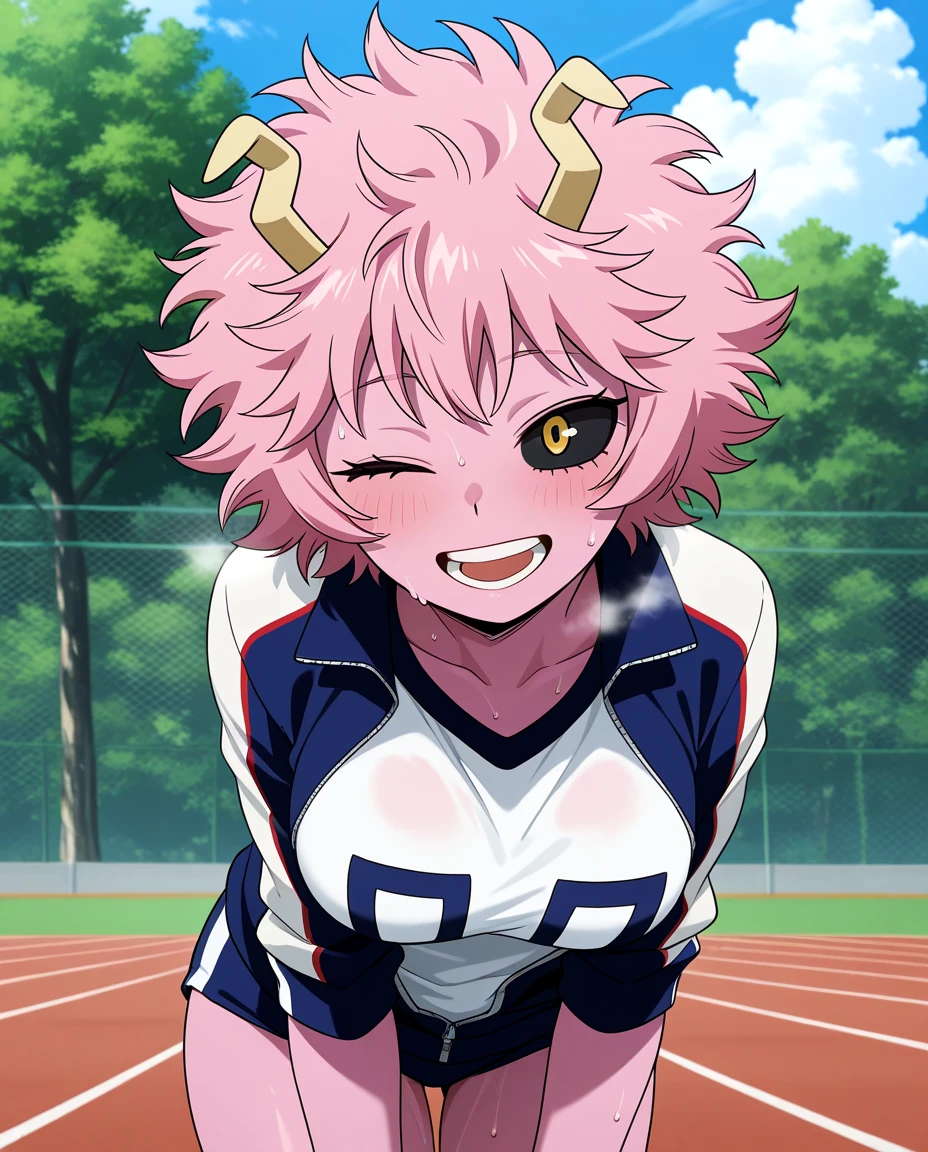 1girl, solo, looking at viewer, sweat, steam, open mouth, smile, one eye closed, exhausted, mina ashido, boku no hero academia, short hair, pink hair, pink skin, yellow eyes, black sclera, gym uniform, track jacket, shirt, leaning forward, cowboy shot, outdoors, sky, day, cloud, chain-link fence, running track, tree, scenery, score_9, score_8_up, score_7_up, anime coloring, anime screencap