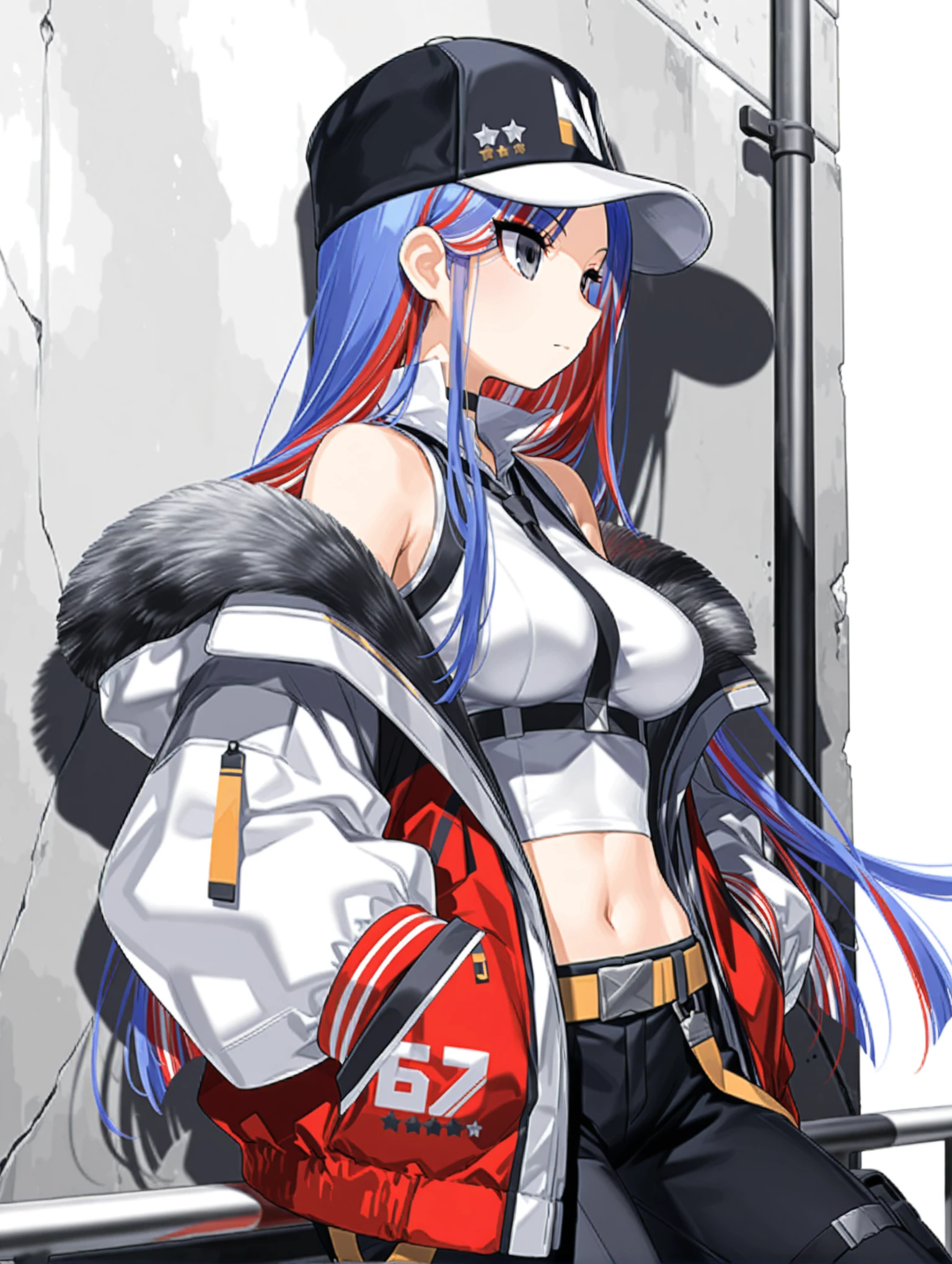 masterpiece,best quality,amazing quality,
solo,1girl,
<lora:south_dakota_v1.6:1>,s_hat,baseball cap,
B_B_s_dakota,multicolored hair,long hair,grey eyes,
v_clothes,sleeveless shirt,fur trim,open clothes,black gloves,jacket,pants,gloves,midriff,navel,black pants,
<lora:Fixhands_anime_bdsqlsz_V1:1>,voyeur,expressionless,sitting_on_railing,white_background,looking ahead,profile,