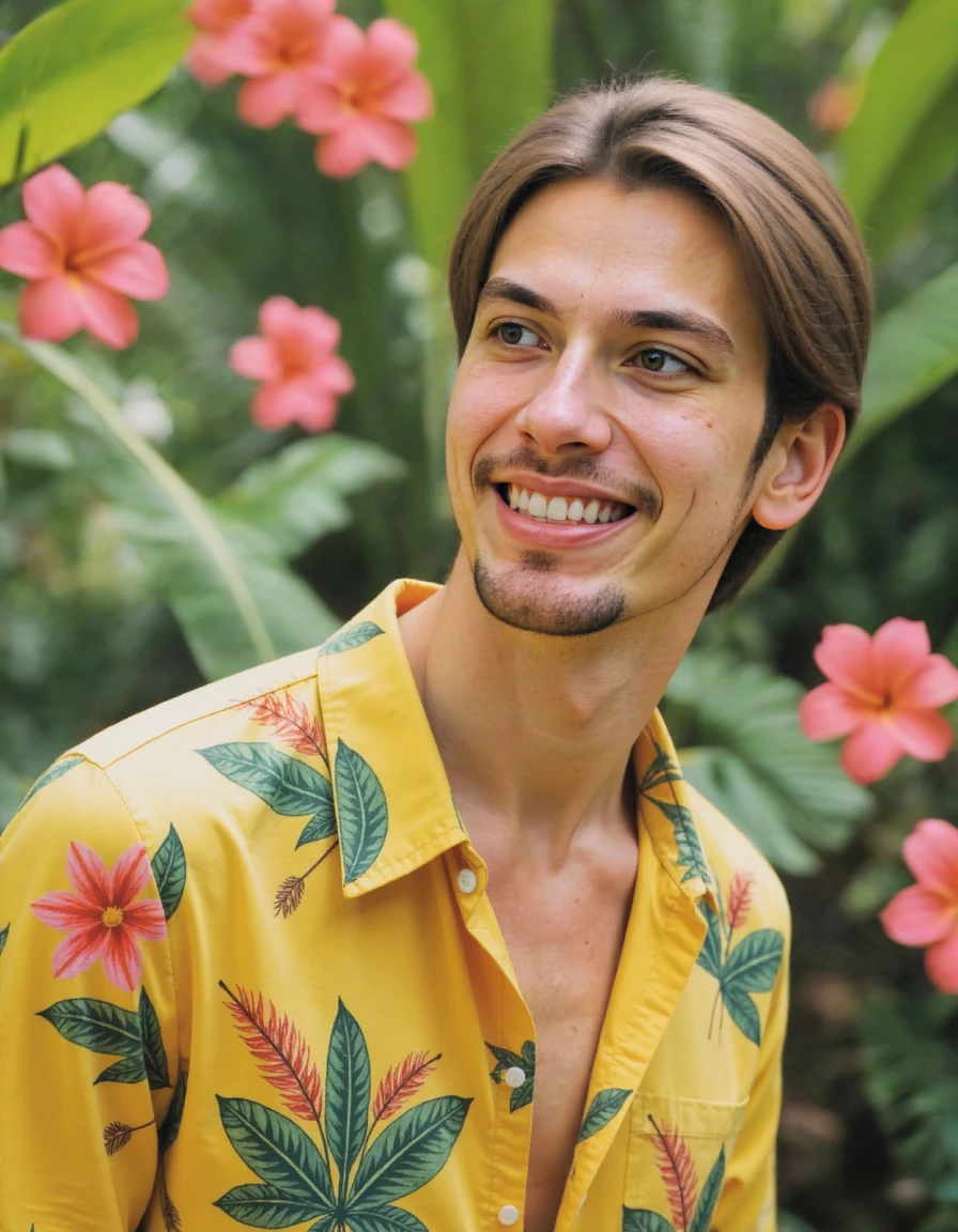 l3n0v0 photo portrait of a young thin JacobNobody wearing a yellow hawaiian print shirt. He smiles at the camera. He is in a lush tropical. Tropical flowers. He looks around in wonder. Banana fronds.