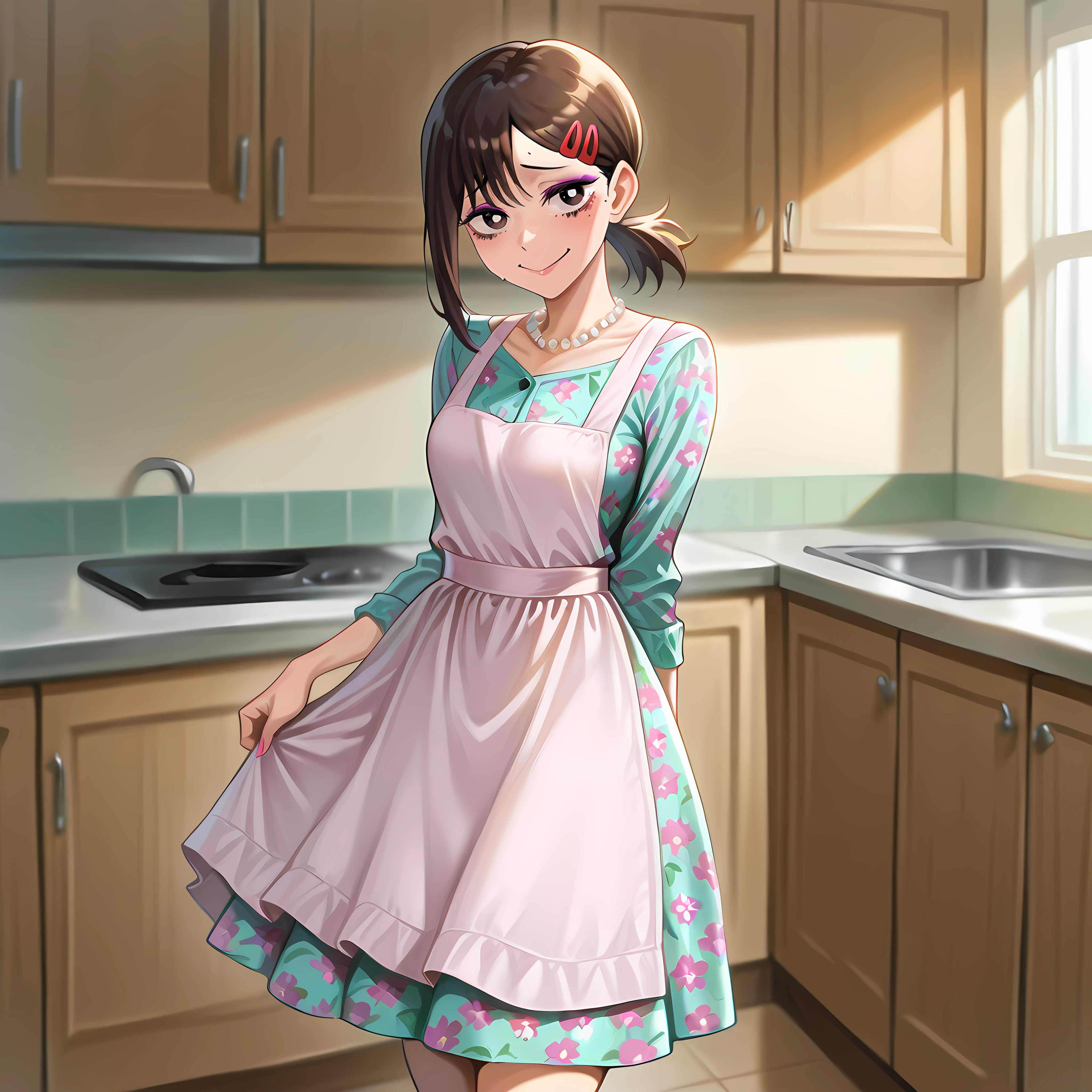 Masterpiece, newest, perfect quality, best quality, 1girl, solo, higashiyama kobeni, cowboy shot, 50shous3wif3, jewelry, full body, makeup, pearl necklace, floral dress, pinafore apron, kitchen, indoors, smile,