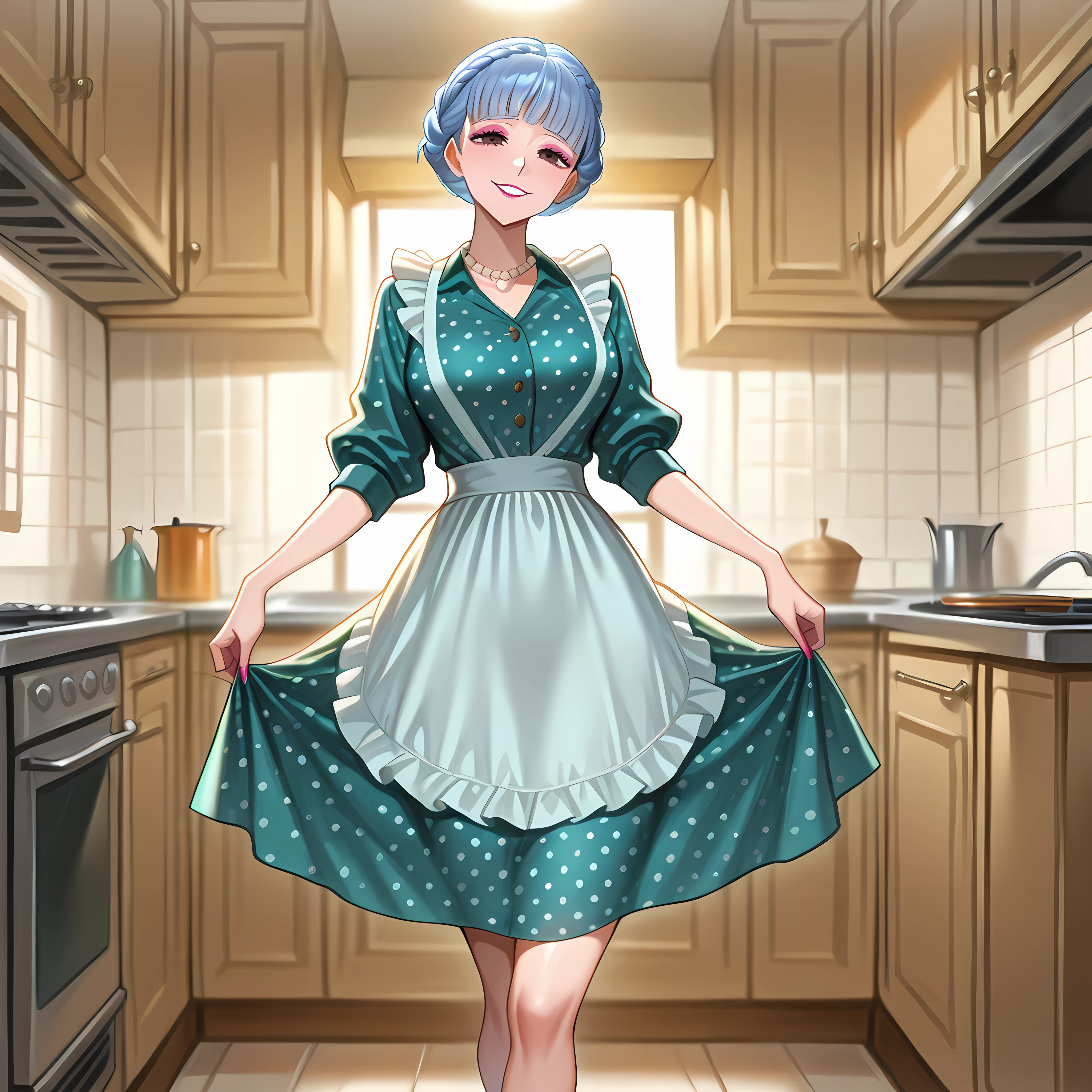 Masterpiece, newest, perfect quality, best quality, 1girl, solo, marianne_von_edmund, cowboy shot, 50shous3wif3, jewelry, full body, makeup, pearl necklace, polka dot dress, frilled apron, kitchen, indoors, smile,
