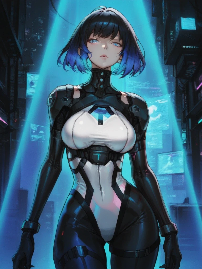 masterpiece, best quality, amazing quality, very aesthetic, absurdres, newest, volumetric lighting, holographic colors, cute, gradient colors, masterpiece, 1girl, cosmic aura, gold aura around body BREAK nsfw, ambient occlusion, raytracing, soft lighting, blum effect, absolutely eye-catching, particles, glow, shining, intricate cinematic background, (beautiful face), BREAK 1girl,black hair,short hair, bob cut, black hair, blue eyes, piercing gaze, futuristic outfit, white bodysuit, harness, leather shorts, thigh-high boots, detailed outfit, character concept, sci-fi fashion, ,cyberpunk ,narrow waist, wide hips, thick thighs,cyberpunk, full body, thigh-highs, shorts, single thigh-high, standing, looking at viewer, breasts, jewelry, fingerless gloves, , sunsett (detailed floor:1.1) (ruined stone archways:1.2), (dark and gritty environment:1.2), Photorealistic style, cowboy shot ,form above, detailed lighting, focusing on a cool tone, high-quality rendering., NishimuraXL,from above,fisheye ,perspective, full body