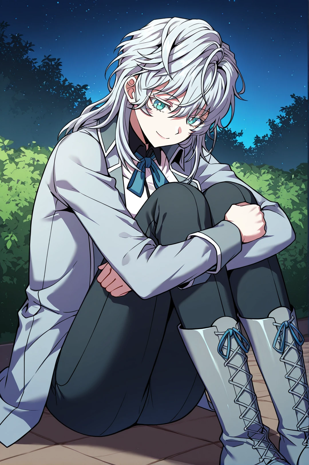 <lora:Return_of_Legendary_Spear_Knight__Icarus:1>
Icarus3, 1girl, solo, teal eyes, medium hair, messy hair, light silver hair, layered hair, wavy hair, long bangs, messy bangs, face framing locks, hair covering eyes,
Icarus3_outfit, light blue blazer, open blazer, silver buttons, white trim, white shirt, black collar, blue ribbon necktie, high-waist black pants, dark blue knee-high lace-up boots, 
score_9, score_8_up, score_7_up, very aesthetic, source_anime, detailed, high quality, beautiful, detailed eyes, masterpiece, best quality, absurdres, perfect anatomy, 1girl, solo, hugging your own legs, sitting, garden background, charming smile, night