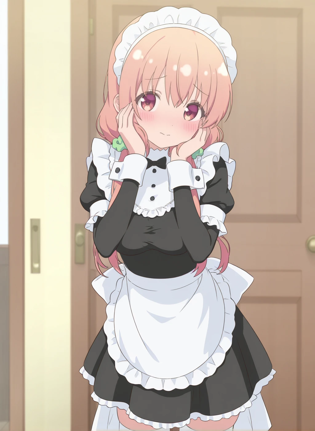 masterpiece,best quality,amazing quality,very aesthetic,high resolution,ultra-detailed,absurdres,newest,scenery,sensitive BREAK
<lora:sakuragi_hinako_V1_IL:1>,(sakuragi hinako, hinako note, long hair, pink hair, twintails, low twintails, hair scrunchie, green scrunchie, pink eyes, medium breasts),(maid,maid headdress,maid apron,black dress,enmaided,white thighhighs),1girl,solo,blush,posing,standing,indoors,hands_on_own_cheeks,