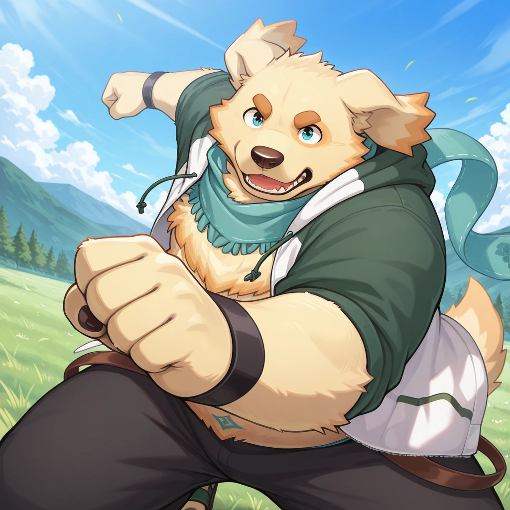 masterpiece, best quality, newest, absurdres, highres, safe,<lora:p:1> cu sith, furry, anthro, dog, golden retriever, chubby, fat, scarf, hoodie, sandals, pants,  outside, fighting stance, action pose,  <lora:NOOB_EPSv1_1_detailer_by_vlnvk_v1_0:1>  detailed background,