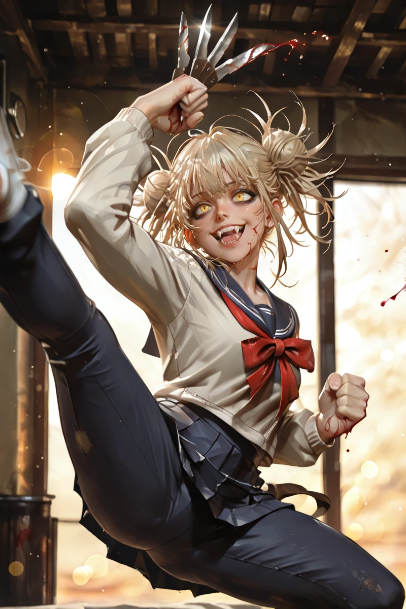 cinematic film still ãã¬ããã³101 yellow eyes <lora:Dramatic Lighting Slider:2> ,score_9, score_8_up, score_7_up, score_6_up <lora:Himiko_Toga_ãã¬ããã³._My_Hero_Academia_101:0.8> ãã¬ããã³101, twin messy hair bun, 1girl, blonde hair, yellow eyes , bags under eyes ,eyeliner ,  school uniform , holding a knife , blood in the air spelling the word hunger , jumping in the air karate kick , crazy smile fangs   <lora:rimixO:1> . shallow depth of field, vignette, highly detailed, high budget, bokeh, cinemascope, moody, epic, gorgeous, film grain, grainy