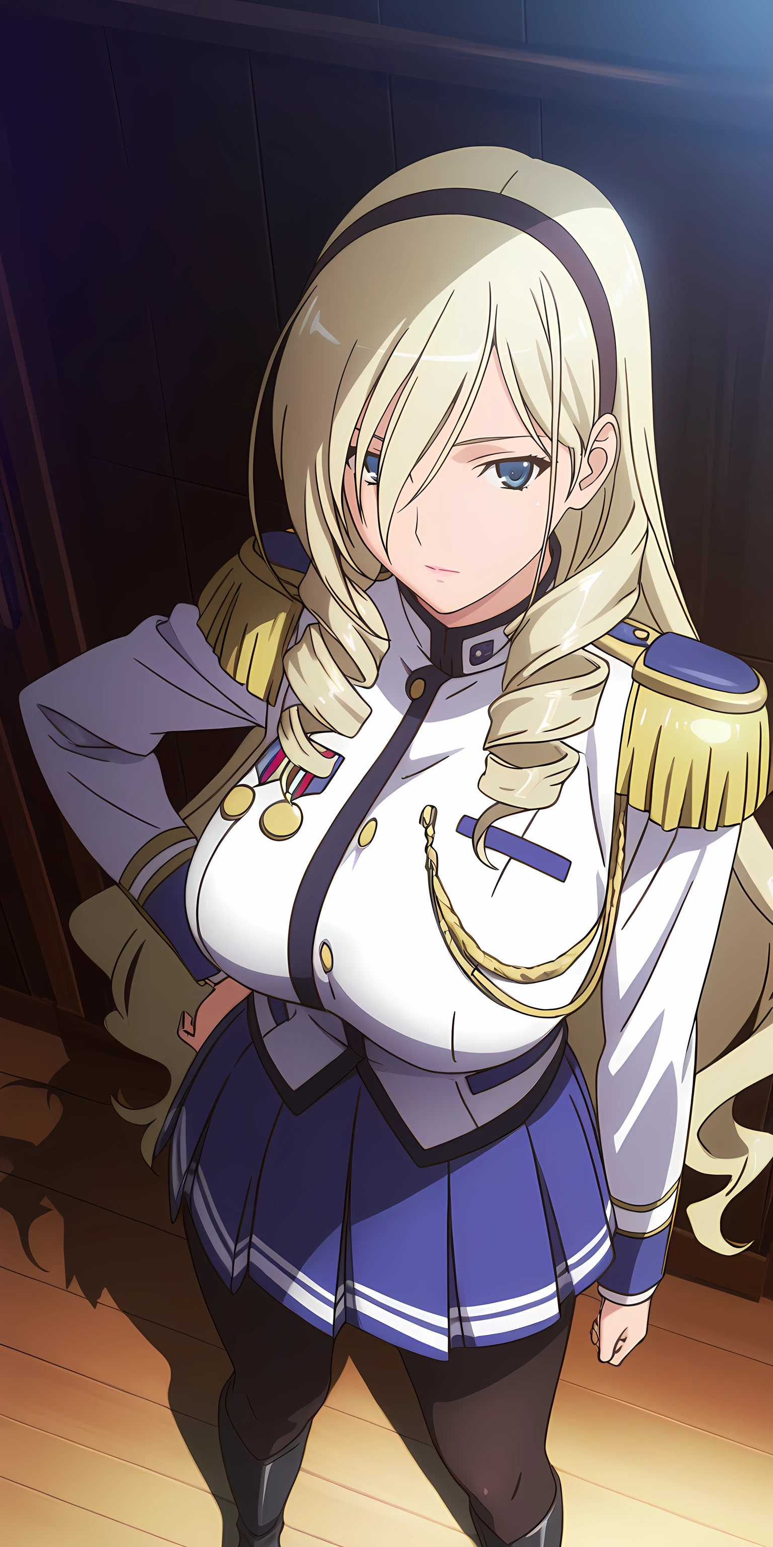 celia_cumani_aintree-wr, baseoutfit, 1girl, solo, pantyhose, long hair, blonde hair, blue eyes, hairband, skirt, hand on hip, drill hair, boots, school uniform, black pantyhose, pleated skirt, epaulettes, knee boots, uniform, large breasts, looking at viewer <lora:XL-Celia-Cumani-Aintree-WR-ILXL-10:1>, (masterpiece),(best quality),(ultra-detailed),(best illustration),(best shadow),(absurdres),(detailed background),(very aesthetic),