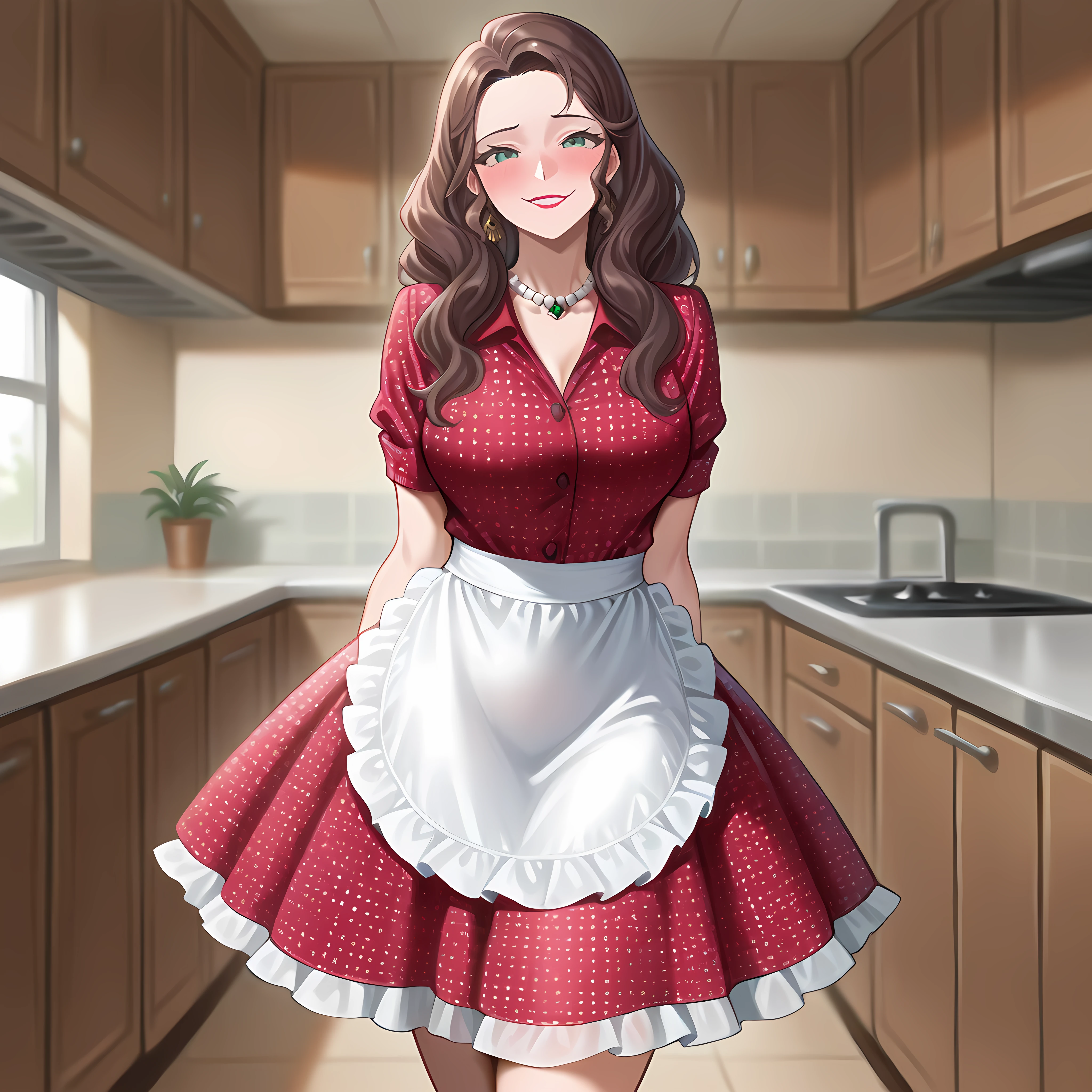 Masterpiece, newest, perfect quality, best quality, 1girl, solo, cowboy shot,dorothea_arnault, 50shous3wif3, jewelry, full body, lipstick, pearl necklace, collared dress, frilled dress apron, smile, blush, smile, indoors, kitchen