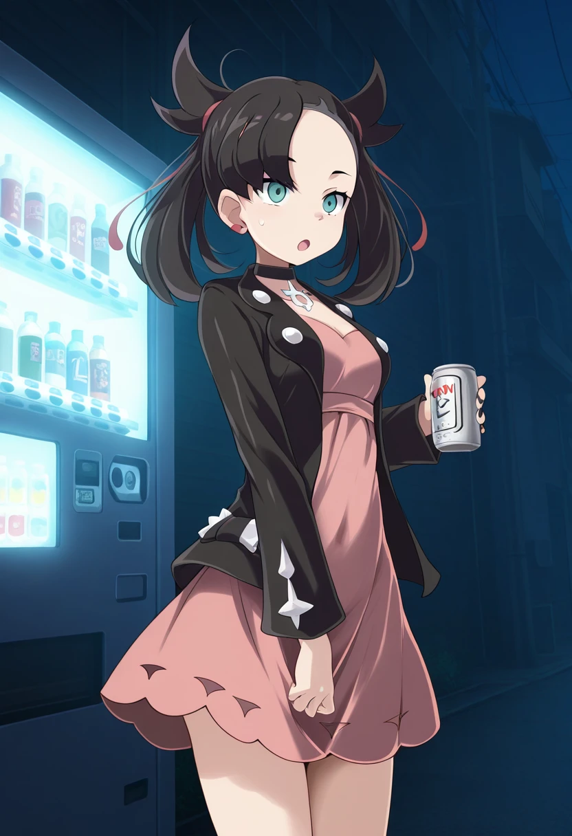 1girl, solo, marimarniess, black hair, twintails, medium hair, hair ribbon, asymmetrical bangs, undercut, earclip, choker, jacket, long sleeves, dress, cowboy shot, outdoors, city, vending machine, holding tin can, open mouth, :o, night
