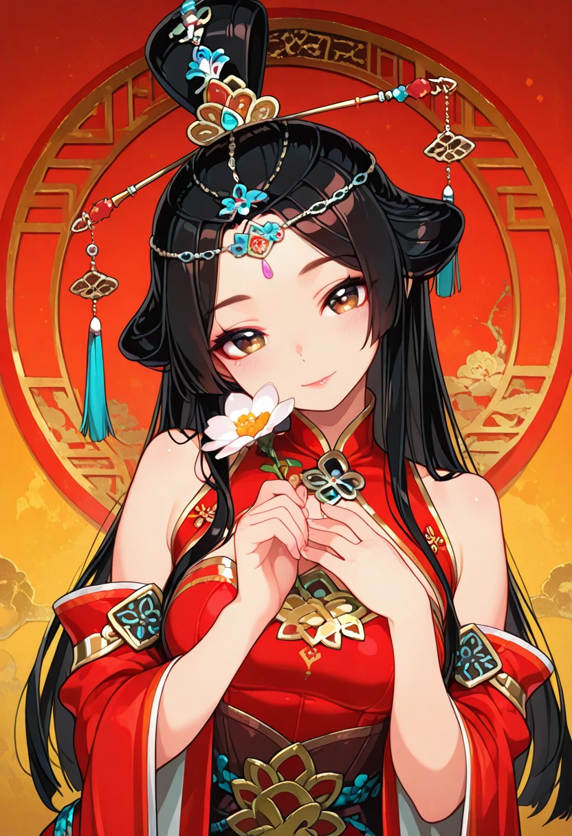 1girl, wangzhaojun, lips, black hair, brown eyes, long hair, topknot, hair ornament, hair stick, hair chain, red chinese dress, bare shoulder, detached wide sleeves, blush,  smile, upper body, holding flower, head tilt, highres,  masterpiece, best quality, amazing quality, very awa, very aesthetic, , <lora:Illust\edit\new\wangzhaojun_civilization_v2.safetensors:1.0:1.0>
