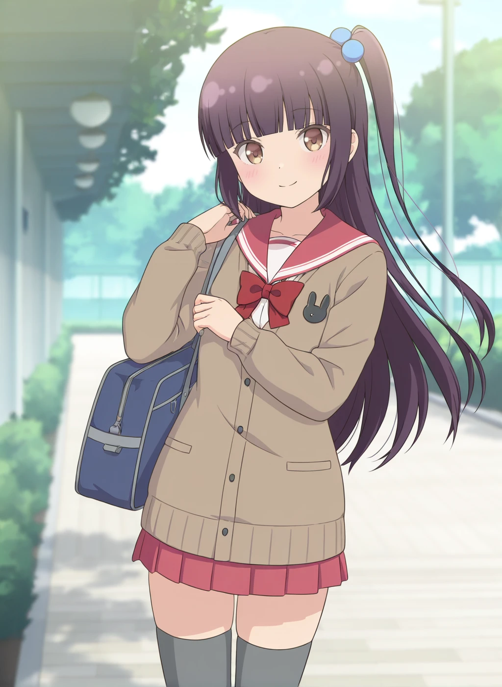 masterpiece,best quality,amazing quality,very aesthetic,high resolution,ultra-detailed,absurdres,newest,scenery,sensitive BREAK
<lora:nakajima_yua_V1_IL:1>,(nakajima yua, hinako note, long hair, purple hair, hair bobbles, blunt bangs, one side up, brown eyes),(school uniform,serafuku,red sailor collar,red bowtie,white shirt,cardigan,long sleeves,pleated skirt,red skirt,miniskirt,grey thighhighs,),1girl,solo,smile,posing,standing,outdoors,school,school bag,