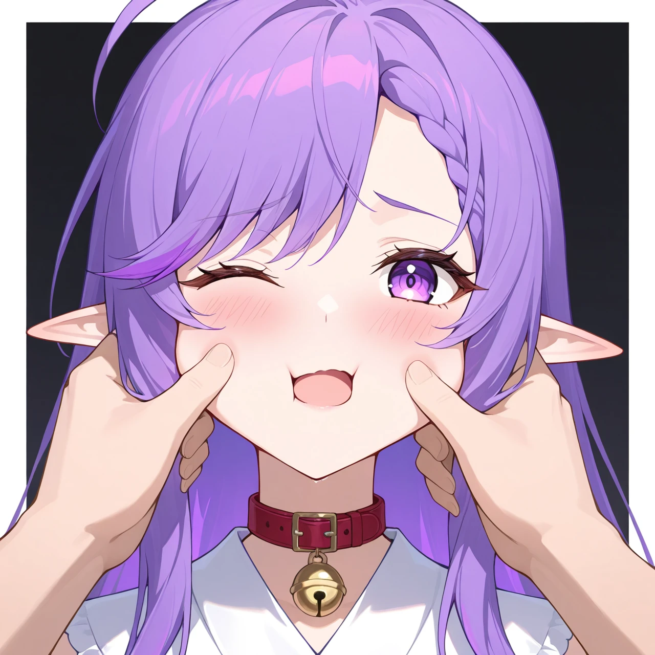 masterpiece,best quality,anime coloring,anime screenshot,1girl,solo,
best quality,masterpiece,emote,1girl,one eye closed,hands on another's face,cheek squash,hands on another's cheeks,cheek pinching,solo focus,chibi,open mouth,long hair,collar,border,out of frame,neck bell,portrait,black background,pov hands,;o,blush,
yinhe,1girl,solo,pointy ears,purple eyes,purple hair,ahoge
straight_hair,<lora:é¶æ²³v2:0.7>,