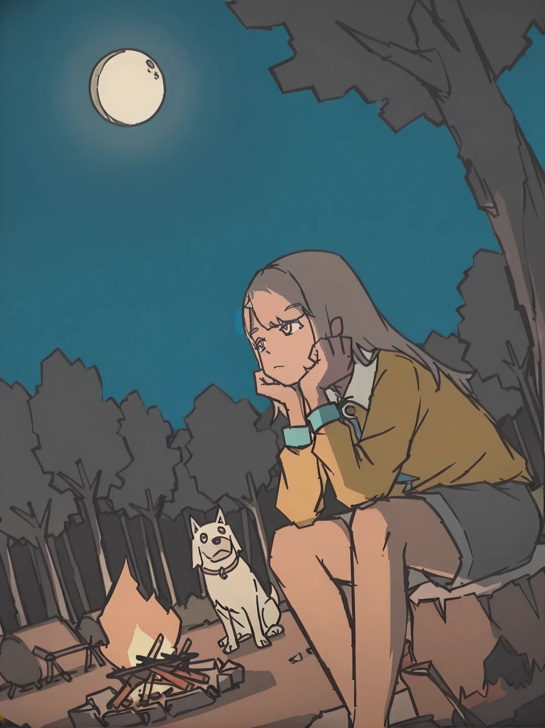 WabokuXL, flat color, sketch, highres, hi res,
1girl, cowboy shot, campfire, vegetation, tree, forest, night, moon, dog, sitting, yellow jacket, head rest, from below, dutch angle, 
<lora:AWaboku_style:1>