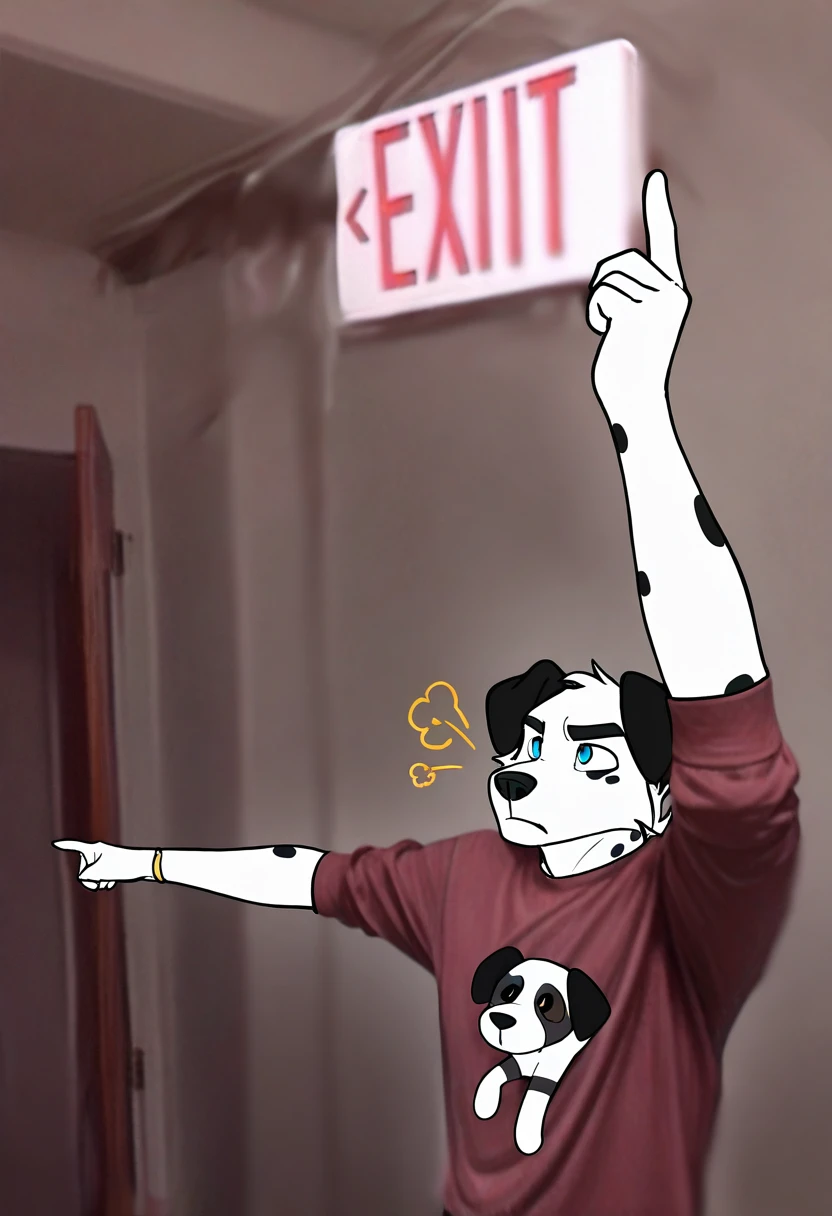 <lora:exit-il>, mikus-concept, pointing, one arm raised pointing up, other arm extended sideways, exit sign, red exit text, standing, upper body, holding sign, BREAK, dalmation, dalmation dog, white fur, red shirt, blue eyes, pout, black spots on body, dog