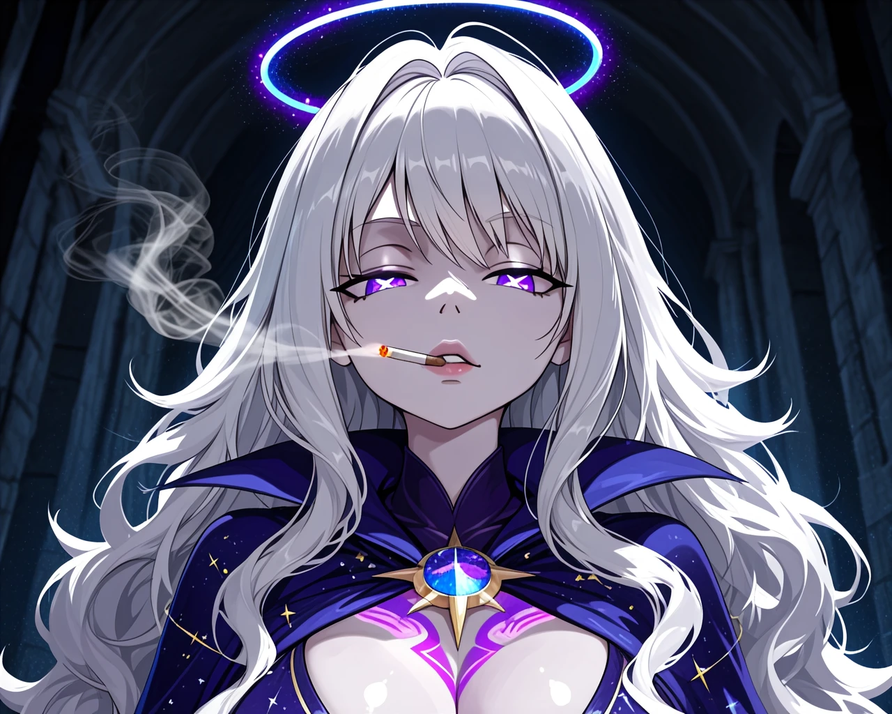 masterpiece, very awa, dikko, half-body portrait, solo, 1girl, white hair, long wavy hair, pale skin, star-shaped pupils, empty eyes, half-closed eyes, annoyed, halo, smoking cigarette, blowing smoke, dress, cape, thighhighs, sheer lunar robe, glowing tattoos on thighs, casting spell, lunar vault, glowing moonstones, starry mist, realistic anime style, cinematic lighting, high contrast, lunar glow, sharp outlines, rich details, celestial seduction, seductive gaze, looking at viewer,