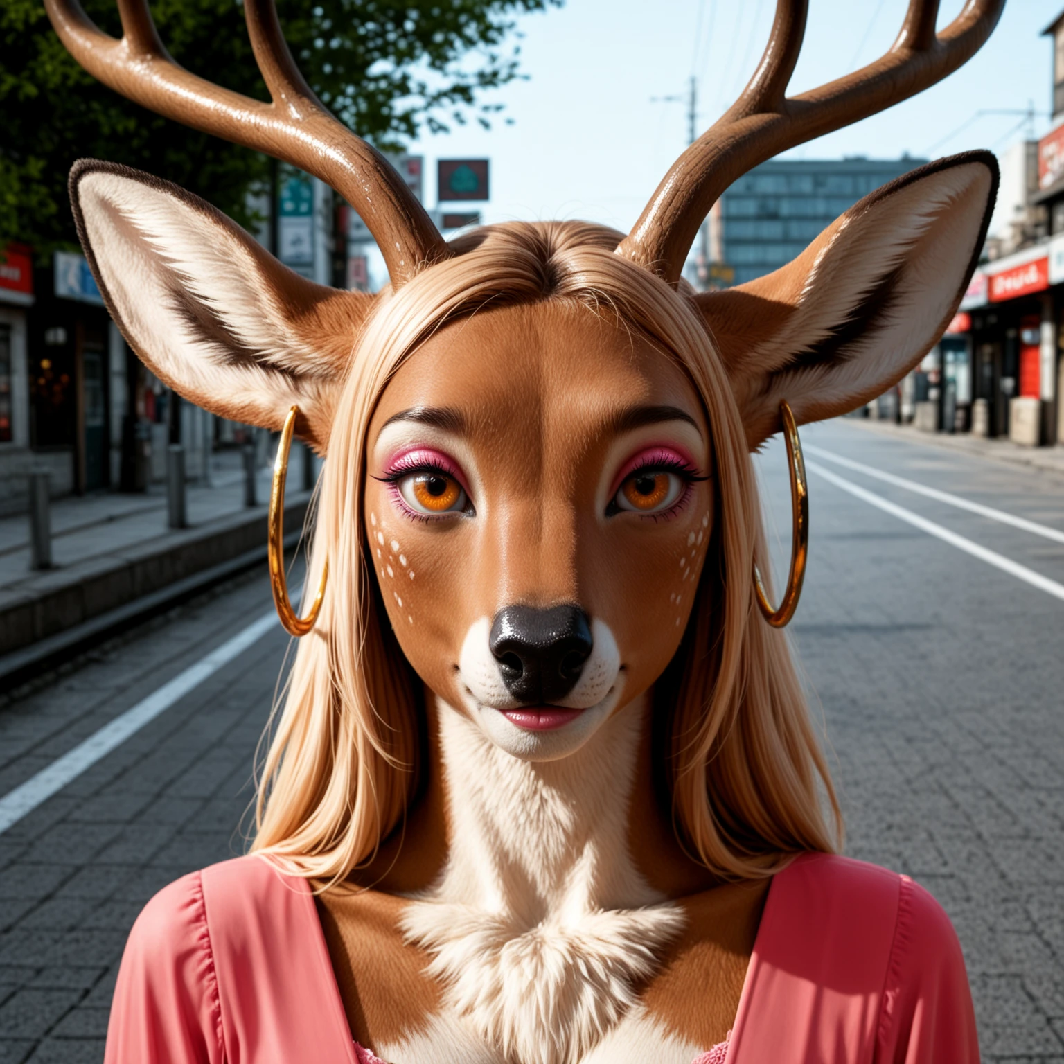 best quality, masterpiece, (realistic, photo-realism, real world location:1.3), (hoop ear ring, jewelry), 1girl, closeup, cervid, deer girl, antlers, antho, , upper body, furry, straight-on, amber eyes, makeup, pink eyeshadow,  , pink dress, <lora:HoopEarringsNoobEPS1-1:1>