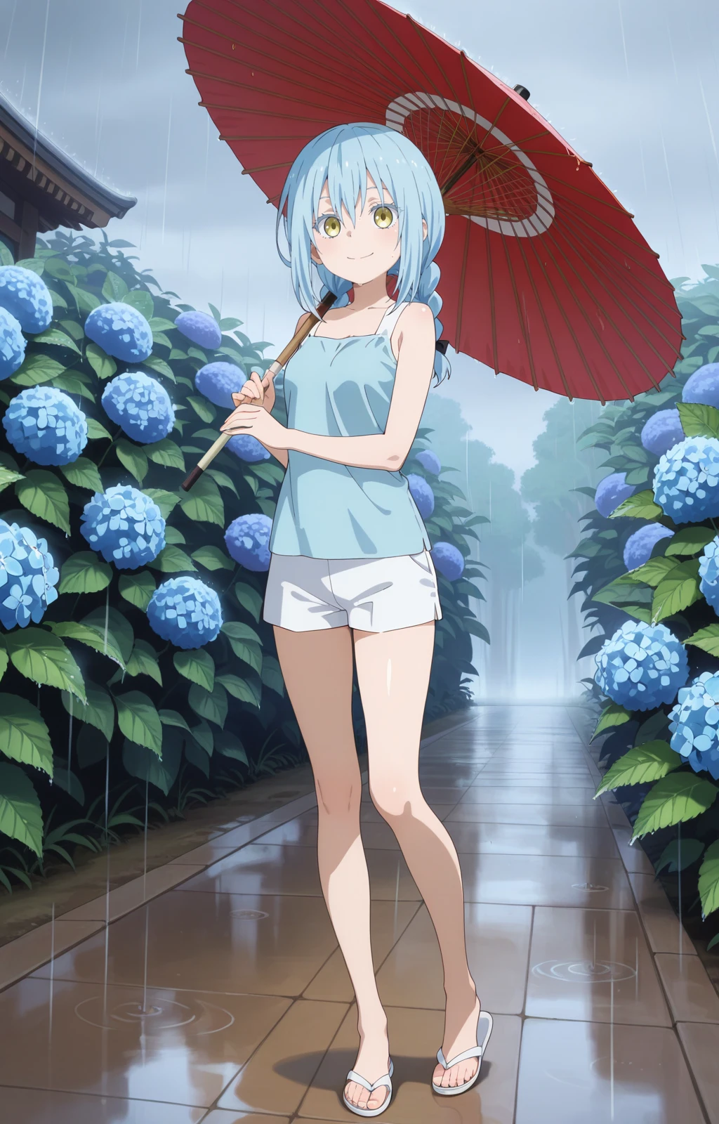 (masterpiece),best quality,amazing quality,very aesthetic,absurdres,newest,perfect body,shiny skin,perfect eyes,detail1eye,
rimuru tempest, nikki, 1girl, medium breasts, umbrella, solo, flower, hydrangea, braid, smile, blue hair,standing, , looking at viewer, , long hair, oil-paper umbrella, holding umbrella, shorts, holding, hair between eyes,, twin braids, sleeveless, bangs, closed mouth, rain,white shorts,<lora:rimuru_nikki_03+06_ILXL:1>
sandals, 1girl, solo, toes, feet, , legs, toenails, flip-flops,, white footwear <lora:sandals_v3_ILXL:1>