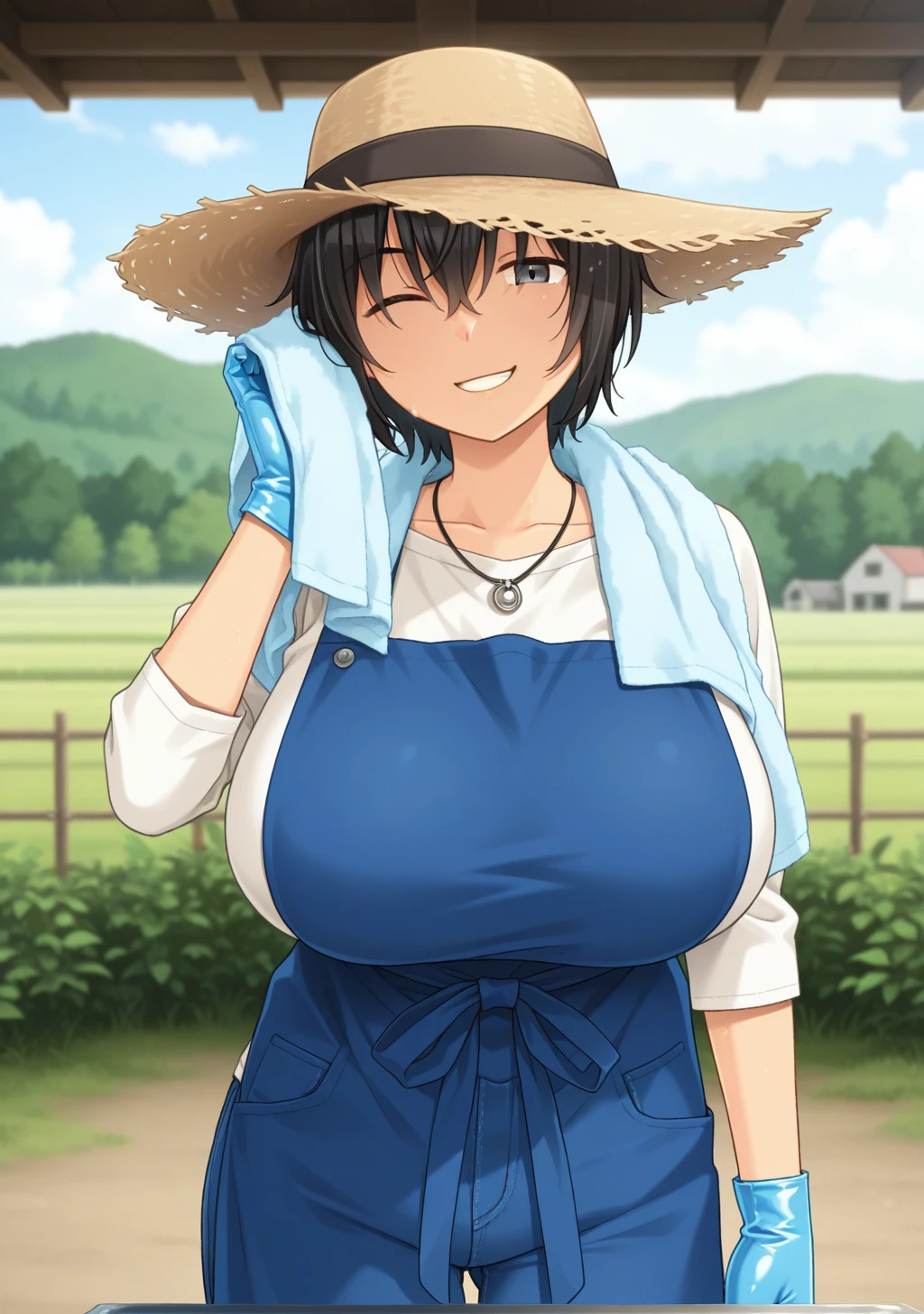 masterpiece, best quality, absurdres, perfect lighting,shiny skin,1girl,huge breasts,yukie,short hair,hair between eyes,black hair,black eyes,<lora:yukie_illu2:1>long sleeves, white shirt, jeans, necklace,depth of field, farm,day,nature,cloudy sky, wiping sweat, towel,smirk,wink,towel around neck,rubber gloves, rubber boots, apron,straw hat, towel around neck,dirty, looking at viewer, cowboy shot