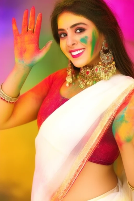 A high def photoshoot featuring a beautiful 20 year old petite yet hourglass figure photogenic smiling North Indian woman celebrating Holi, a Hindu festival of colors. She is standing in front of a backdrop of swirling colorful powders, predominantly Red, Green, Yellow, Blue, and Purple. The woman is smiling warmly, her face smeared with vibrant colors, including Red, Green, Yellow, Blue, and Purple. Her long, dark hair is partially covered by a traditional white saree, which is draped elegantly over her shoulder. She is wearing intricate, gold jewelry including large, ornate earrings and multiple bangles on her wrists. Her makeup is bold and colorful, matching the festive atmosphere, with a bright pink lipstick and eyeshadow. She is holding her hands out, one raised and the other open, with her fingers spread wide, as if playfully splashing or throwing colors. The colors on her hands are vivid and splattered, indicating she has been actively participating in the festivities. The background is a gradient of the aforementioned colors, with the woman standing in front of it, making her a focal point. The lighting is warm and bright, enhancing the festive mood and the vivid colors of the scene. The overall atmosphere is joyful and celebratory, capturing the essence of Holi, a festival known for its vibrant colors and playful spirit. Festival_of_Colors