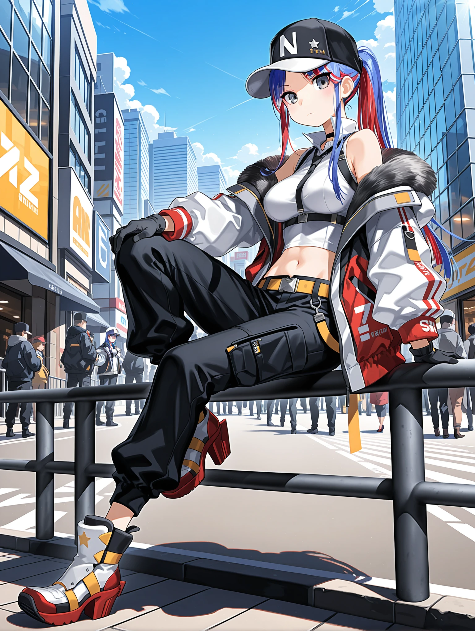 masterpiece,best quality,amazing quality,
solo,1girl,
<lora:south_dakota_v1.6:1>,s_hat,baseball cap,
B_B_s_dakota,star (symbol),ponytail,multicolored hair,grey eyes,
v_clothes,sleeveless shirt,fur trim,open clothes,black gloves,jacket,pants,gloves,midriff,navel,black pants,rudder footwear,
<lora:Fixhands_anime_bdsqlsz_V1:1>,city,voyeur,cityscape,street,crowd,Intersection,expressionless,sitting_on_railing,