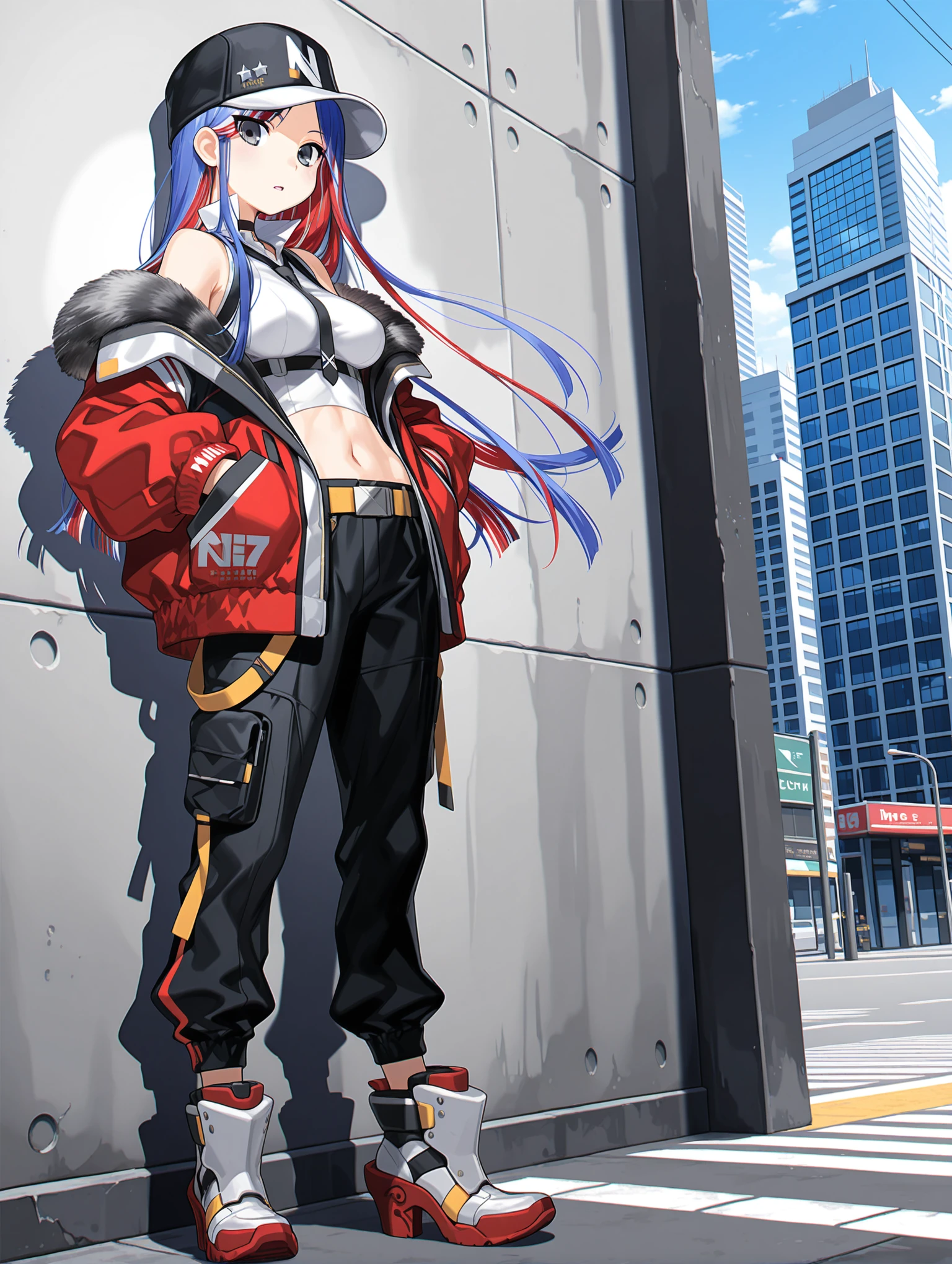 masterpiece,best quality,amazing quality,
solo,1girl,
<lora:south_dakota_v1.6:1>,s_hat,baseball cap,
B_B_s_dakota,multicolored hair,long hair,grey eyes,
v_clothes,black tie,sleeveless shirt,fur trim,open clothes,black gloves,jacket,pants,gloves,midriff,navel,black pants,rudder footwear,
<lora:Fixhands_anime_bdsqlsz_V1:1>,city,expressionless,from_back,knees,leaning,sideways_glance,looking_at_viewer,parted lips,wall,