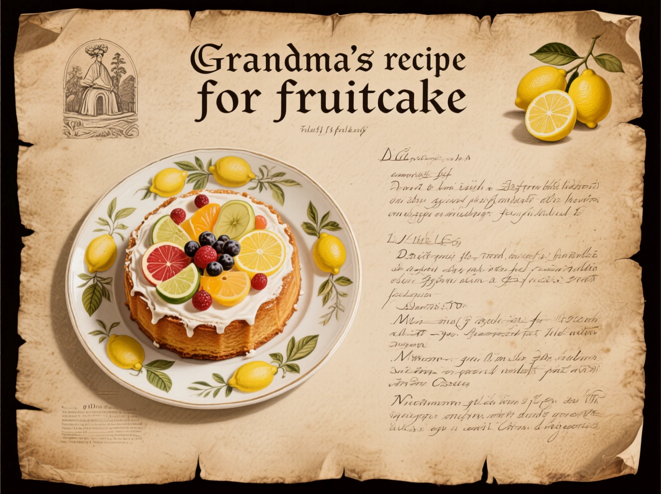 On old parchment.
Text Grandma's recipe for fruitcake including a picture of a fruitcake on a plate decorated with pictures of lemons beside a recipe.