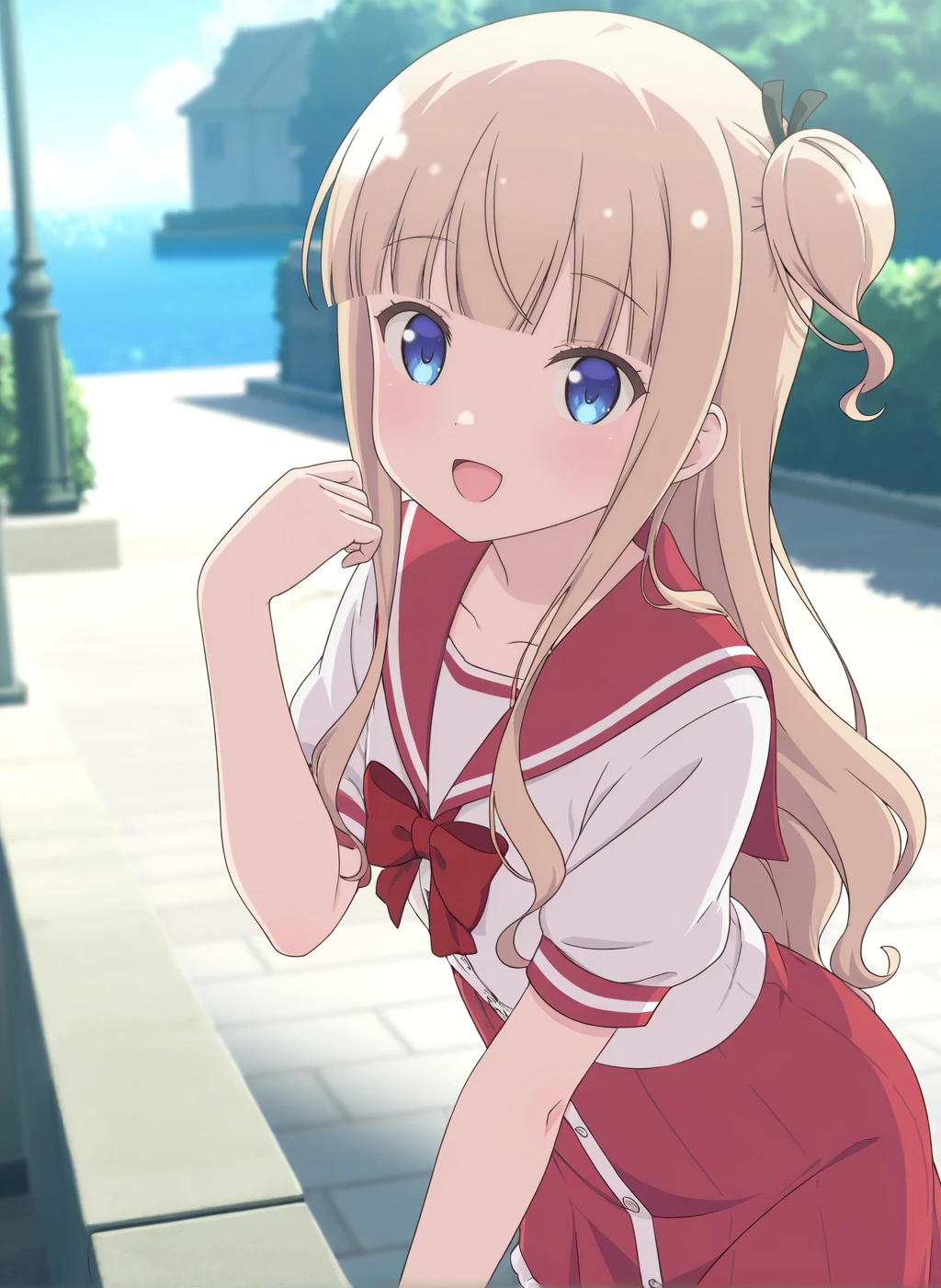 masterpiece,best quality,amazing quality,very aesthetic,high resolution,ultra-detailed,absurdres,newest,scenery,sensitive BREAK
<lora:hiiragi_mayuki_V1_IL:1>,(hiiragi mayuki, hinako note, blonde hair, long hair, blue eyes, blunt bangs, hair ribbon, one side up),(school uniform,serafuku,white shirt,red sailor collar,red bowtie,red dress,red skirt,),1girl,solo,:d,posing,standing,outdoors,petite,