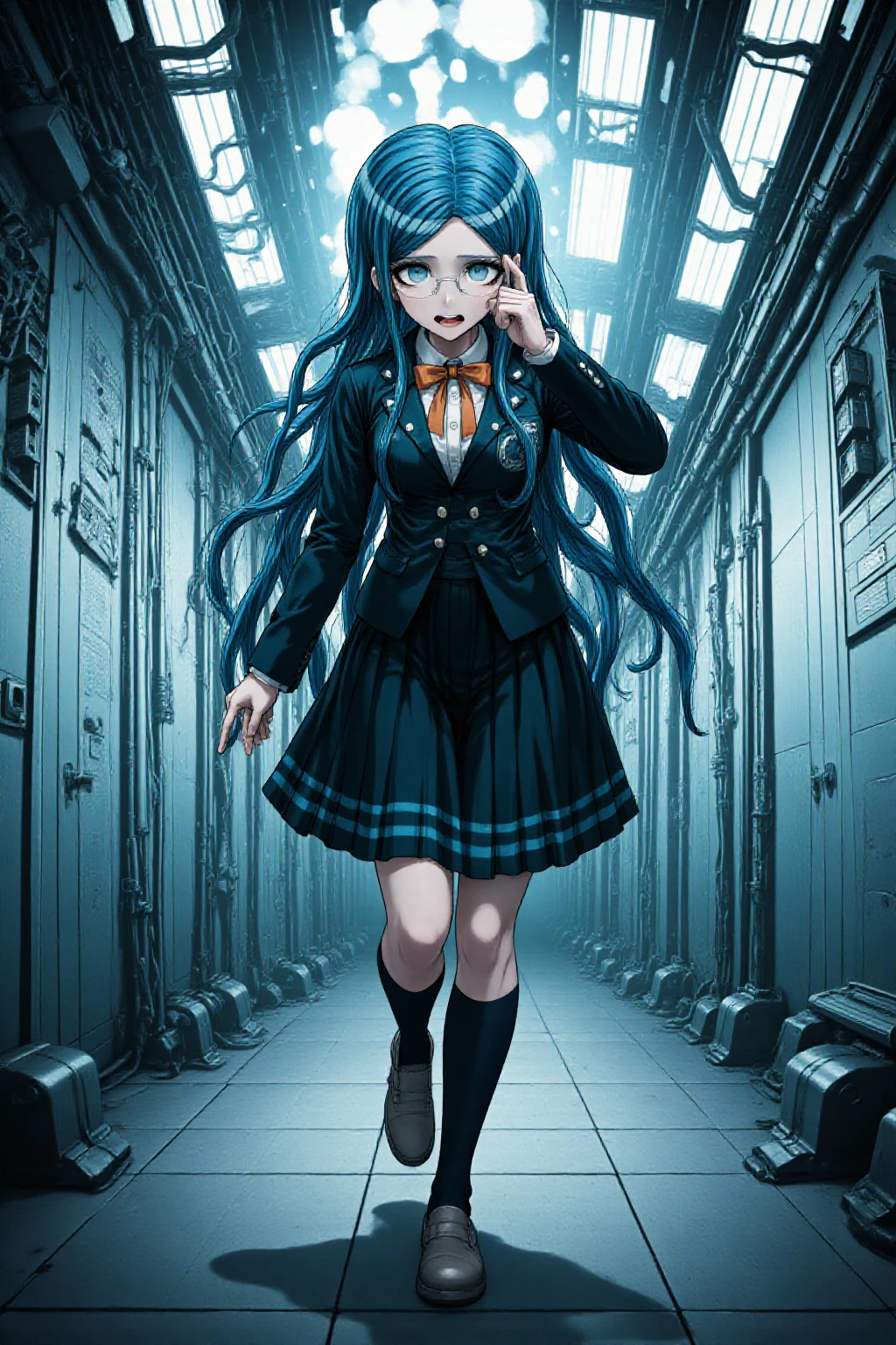 <lora:Hyper-FLUX.1-dev-8steps-lora:0.125>, <lora:100danganpack-flux:0.5> , 100danganpack, <lora:Nononononoway_Style_Flux:0.9>, <lora:Tsumugi_Shirogane_Danganronpa_flux_tags_V2.01_25e:0.8>, A detailed anime-style professional illustration which features high quality anime digital art combined with detailed character design. Tsumugi Shirogane is wearing her uniform from Danganronpa V3. Tsumugi Shirogane has knee-length teal-blue hair parted in the center which is straight and smooth at the base and gradually splits into waves near the tips. Her eyes are large, round, and are a soft teal-green color. Tsumugi wears round, rimless glasses with white temples. Tsumugi's Danganronpa V3 school uniform consists of a white blouse with an orange bow tied at her collar underneath a two-button, pocketed, teal-black school blazer adorned with two silver buttons on each lapel and a single button on each gorge. She wears a knee-length teal-black pleated skirt with two dark teal stripes lining the hem. Her legwear consists of dark navy knee-length socks and teal-gray loafers. Tsumugi is active and engaged with this strange and mysterious environment. Tsumugi Shirogane covers her eyes and stumbles blindly through a complex of metal corridors and brick floors, the environment blazing with light so intense it causes immediate pain and disorientation. Fluorescent fixtures on the ceiling buzz with deafening volume while emitting blinding white radiance that makes navigation nearly impossible. She appears to be in extreme distress from both the visual assault and the oppressive heat that radiates from the light sources, her clothing already showing sweat stains while she tries to shield herself from the overwhelming brightness. Her movements are unsteady and desperate as she searches for relief from the sensory overload that makes every surface reflect harsh light back at her.