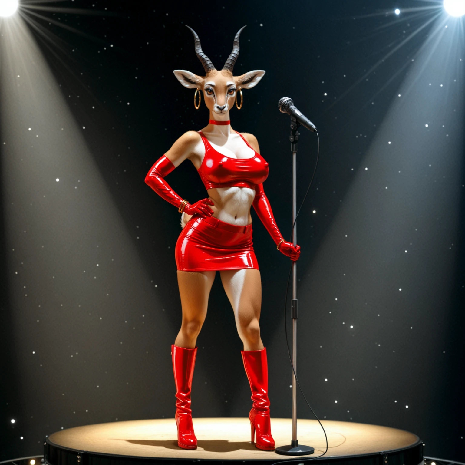 best quality, masterpiece, (realistic, photo-realism, real world location:1.3), hoop ear ring, 1girl, jewelry, horns, furry female, solo, skirt, gloves, red gloves, microphone, red latex gloves, outdoors, red footwear, bracelet, breasts, red skirt, midriff, red choker, crop top, choker, elbow gloves, boots, anthro, realistic, (gazelle, antelope), female anthro, standing on stage, circular stage, spotlight, dark background, 5fingers, large breasts, covered nipples, round breasts, amber eyes, makeup, detailed eyes, animal nose, snout, long snout <lora:HoopEarringsNoobEPS1-1:1>