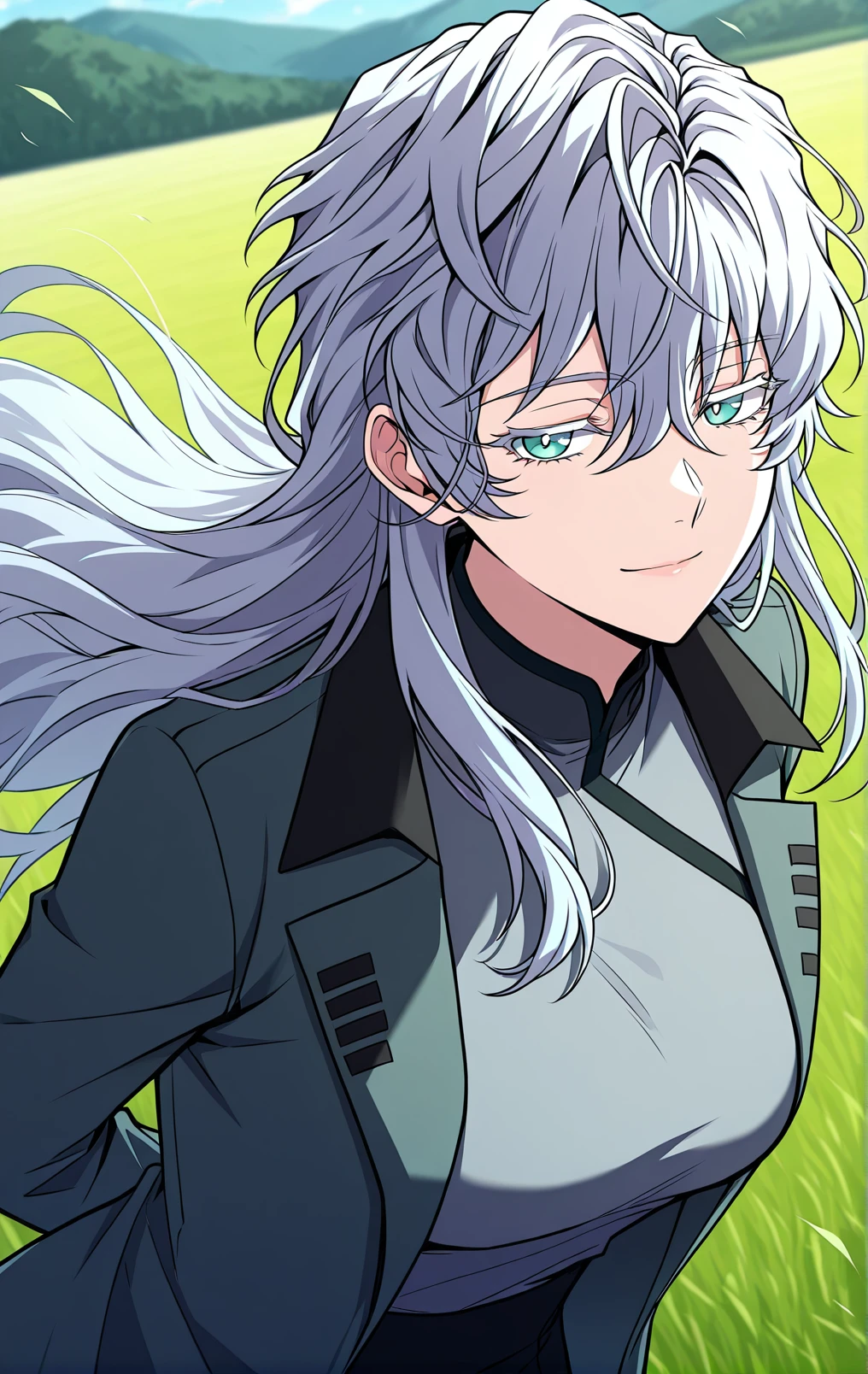 <lora:Return_of_Legendary_Spear_Knight__Icarus:1>
Icarus1, 1girl, solo, teal eyes, long hair, messy hair, light silver hair, layered hair, wavy hair, long bangs, messy bangs, hair between eyes, face framing locks, hair covering eyes, strands over shoulder,
Icarus1_outfit, grey high-neck top, long sleeve top, long bluish grey overcoat, open overcoat, black collar, high-waist black pants, black boots
score_9, score_8_up, score_7_up, very aesthetic, source_anime, detailed, high quality, beautiful, masterpiece, detailed eyes, field, blurry background, pose dynamic angle, upper body, cowboy shot, light smile, floating hair, half-closed eyes, hands behind back, leaning forward, looking forward, looking at viewer