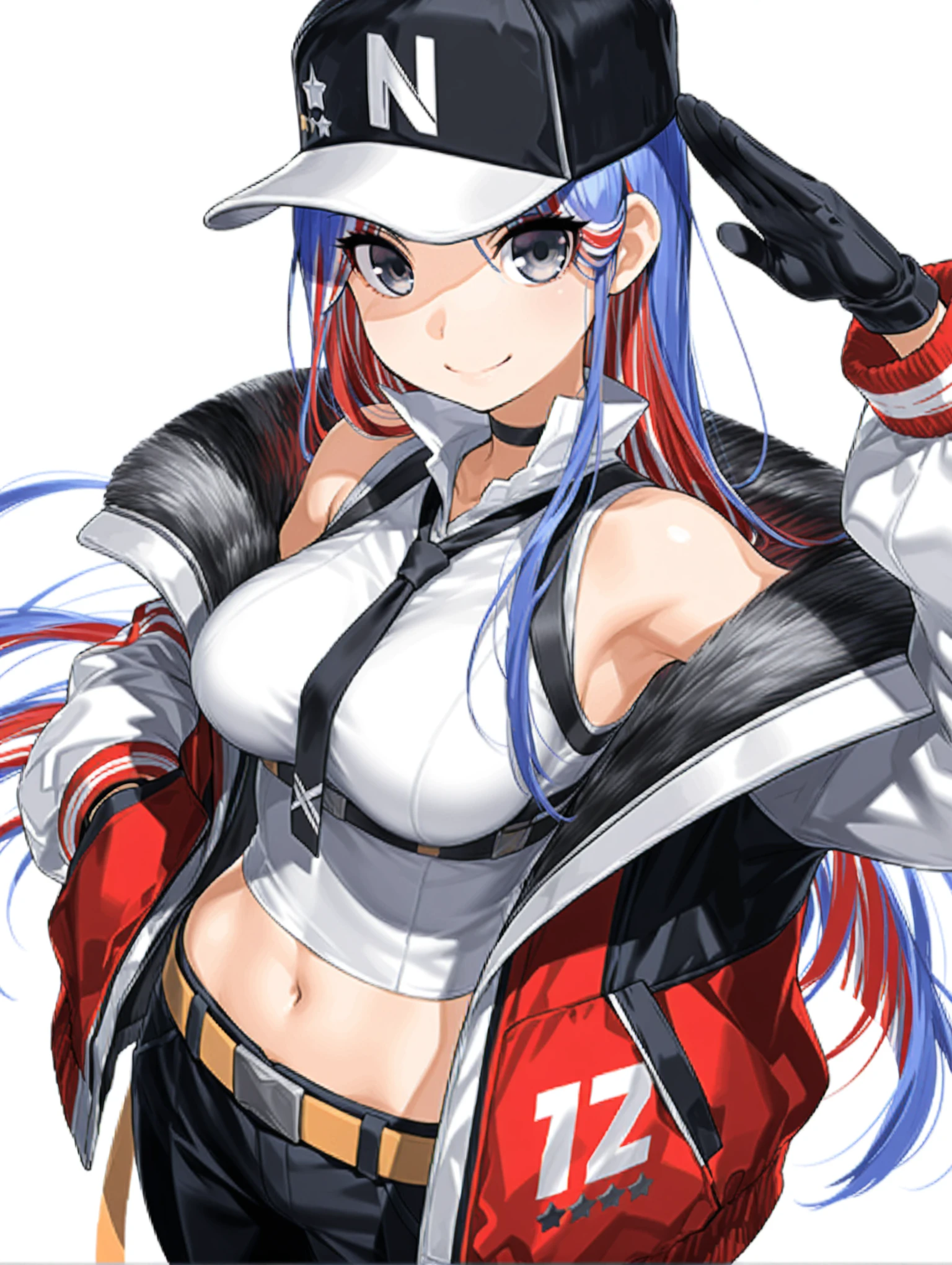 masterpiece,best quality,amazing quality,
solo,1girl,
<lora:south_dakota_v1.6:1>,s_hat,baseball cap,
B_B_s_dakota,multicolored hair,long hair,grey eyes,
v_clothes,black tie,sleeveless shirt,fur trim,multicolored jacket,open clothes,black gloves,gloves,midriff,navel,black pants,
<lora:Fixhands_anime_bdsqlsz_V1:1>,cinematic_angle,dynamic_angle,white_background,simple_background,looking_at_viewer,face_focus,salute,from_above,looking_up,smile,