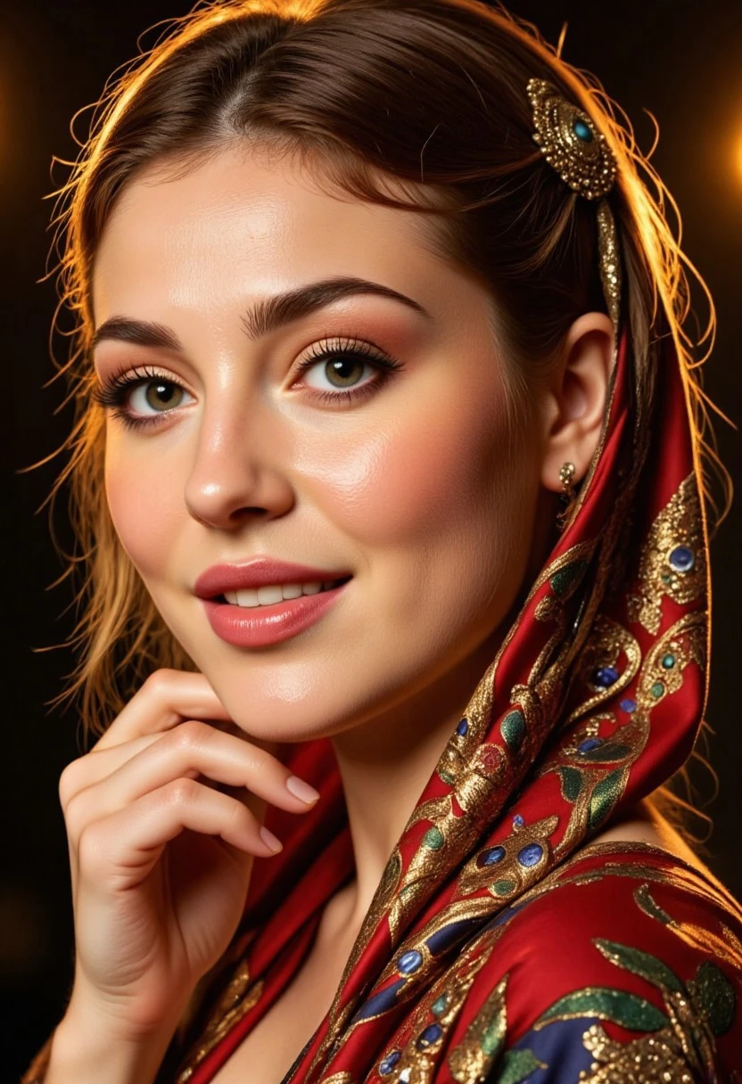 HyperRealism, Close-up of a beautiful elegant show girl with deep-set eyes and a kind smile, holding a bright scarf, soft golden hour light from the stage, hyperrealistic skin textures, cinematic realism with precise depth of field