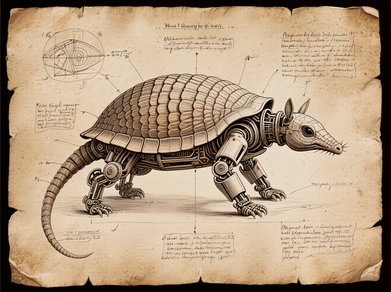 On old parchment. A diagram of a mechanical armadillo, with notations and scribbled explanatory notes.