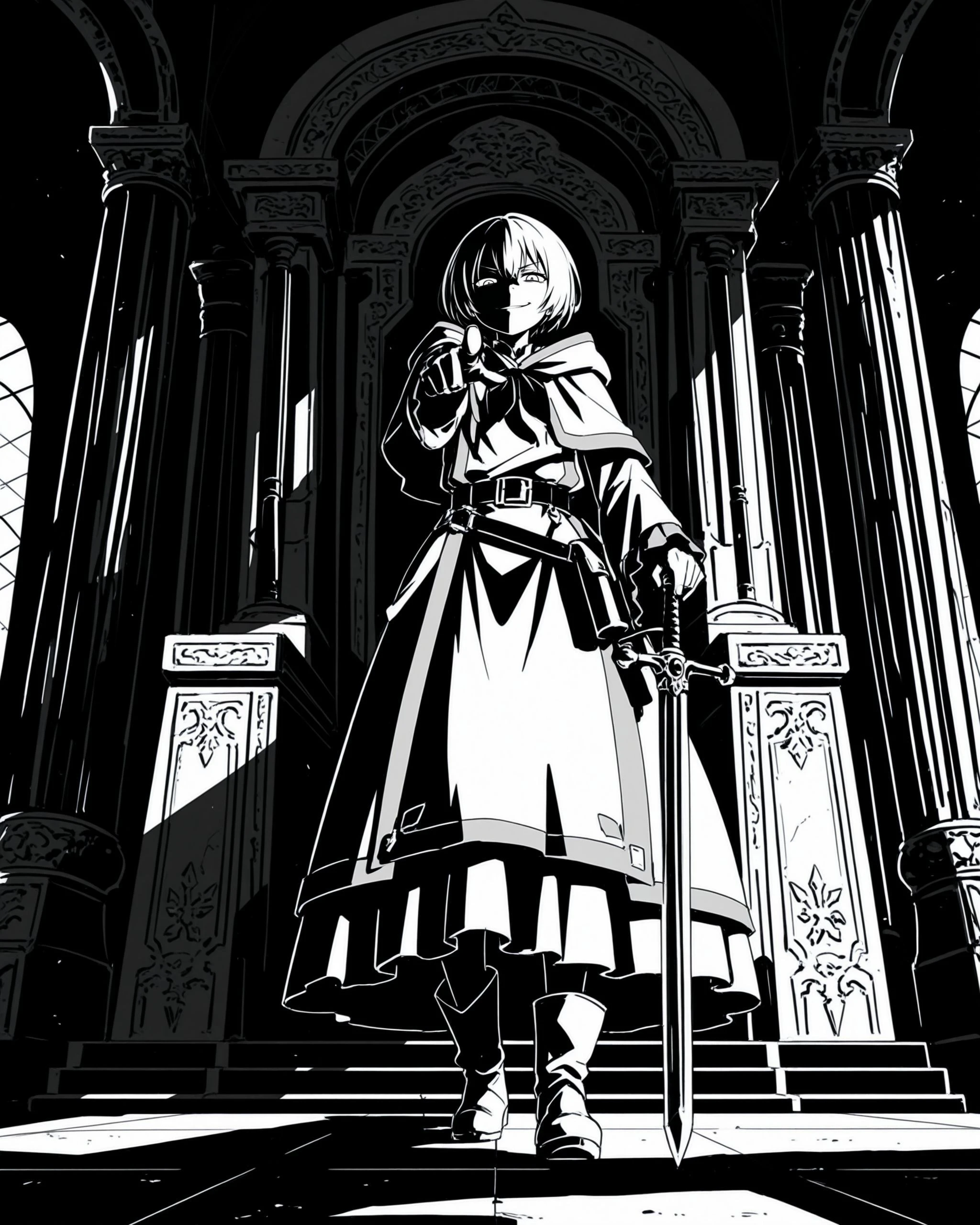 1girl, Lelei_La_Lalena, full body,
elegant but intimidating attire, long coat, high boots,
standing over a kneeling, defeated opponent, looking down, pointing a sword at their throat,
imperious, condescending smirk, cold eyes, utter dominance,
low angle (from opponent's POV), dramatic shadows, backlight, powerful silhouette,
throne room, dueling arena, large banners, columns,
masterpiece, best quality, dramatic, cinematic, high contrast, powerful
<lora:Lelei La Lalena_Illustrious2:1>