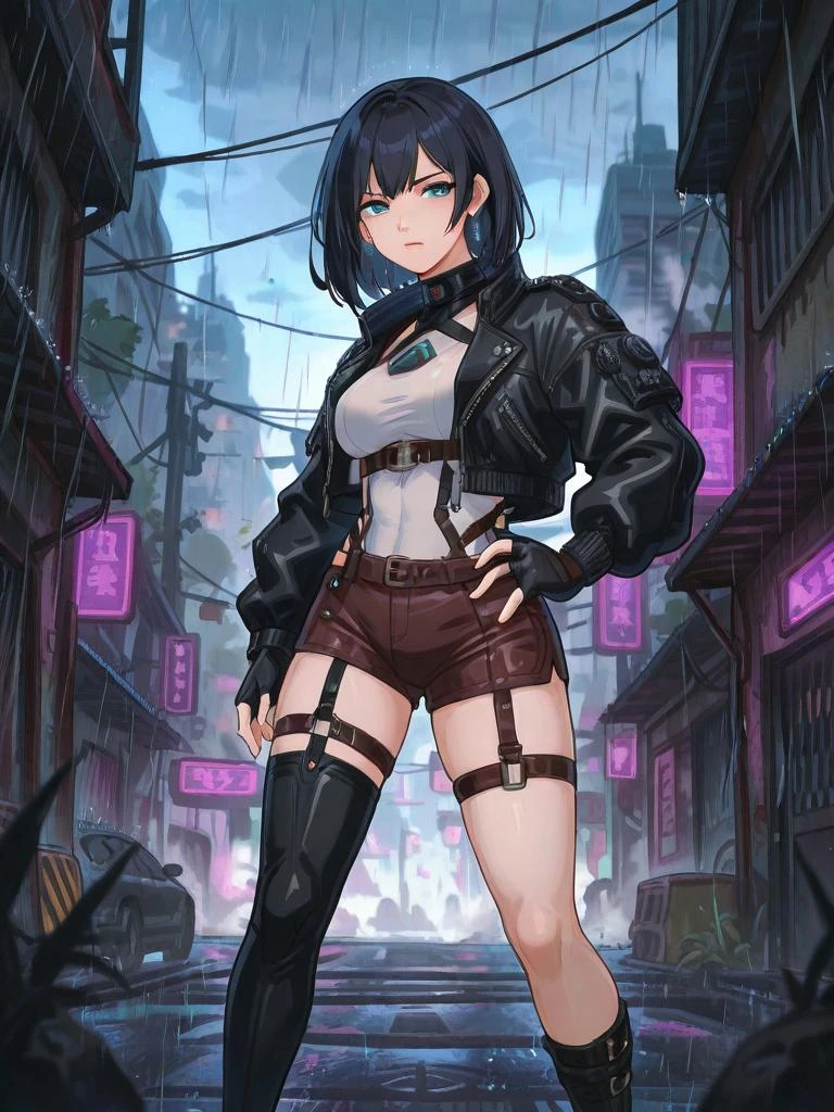 full body, thigh-highs, shorts, single thigh-high, standing, black jacket, looking at viewer, outdoors, feet out of frame, breasts, rain, earrings, sky, hand on hip, jewelry, fingerless gloves,