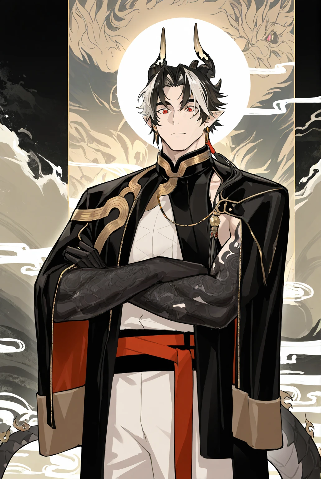 very awe,aesthetically pleasing,masterpiece,best quality,amazing quality,very aesthetic,ultra-detailed,high resolution,8k,1boy,solo,cowboy shot,male focus,detailed face,horns,black hair,pointy ears,multicolored hair,white hair,jewelry,dragon boy,mature male,earrings,red eyes,colored skin arms,black arms,black hands, jacket,standing,crossed arms,ink background,looking at viewer,<lora:add-detail-xl:1>,<lora:Chongyue:0.7>,chongyue ak,<lora:jiaocha_illustriousXL:0.5>,