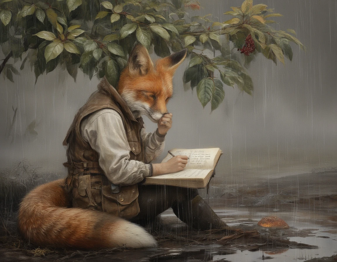 photorealistic <lora:Dever_Flux_Enhancer:0.5>, Shurochka the Thinker â In the Rain
A red fox sits under the wide leaves of a rhododendron, sheltered from a gentle rain. Her fur is slightly damp, but her focus is unbroken. She wears a practical vest with many pockets, one holding a well-worn notebook and a magnifying glass. Her tail is curled close for warmth. Sheâs writing with intense concentration. On the page: âÐамеÑено: еÑли Ð´Ð¾Ð¶Ð´Ñ Ð¸Ð´ÑÑ Ð½Ðµ по ÑаÑпиÑÐ°Ð½Ð¸Ñ â знаÑиÑ, кÑо-Ñо забÑл ÑказаÑÑ ÑпаÑибо облакÑâ. Around her: raindrops forming ripples in puddles, a single mushroom glowing faintly. Background: a quiet clearing in soft gray light, mist rising from wet soil. Style: realistic wildlife illustration, soft watercolor textures, warm lighting. Mood: patient, reflective, deeply present. . highly detailed, lifelike, precise, accurate