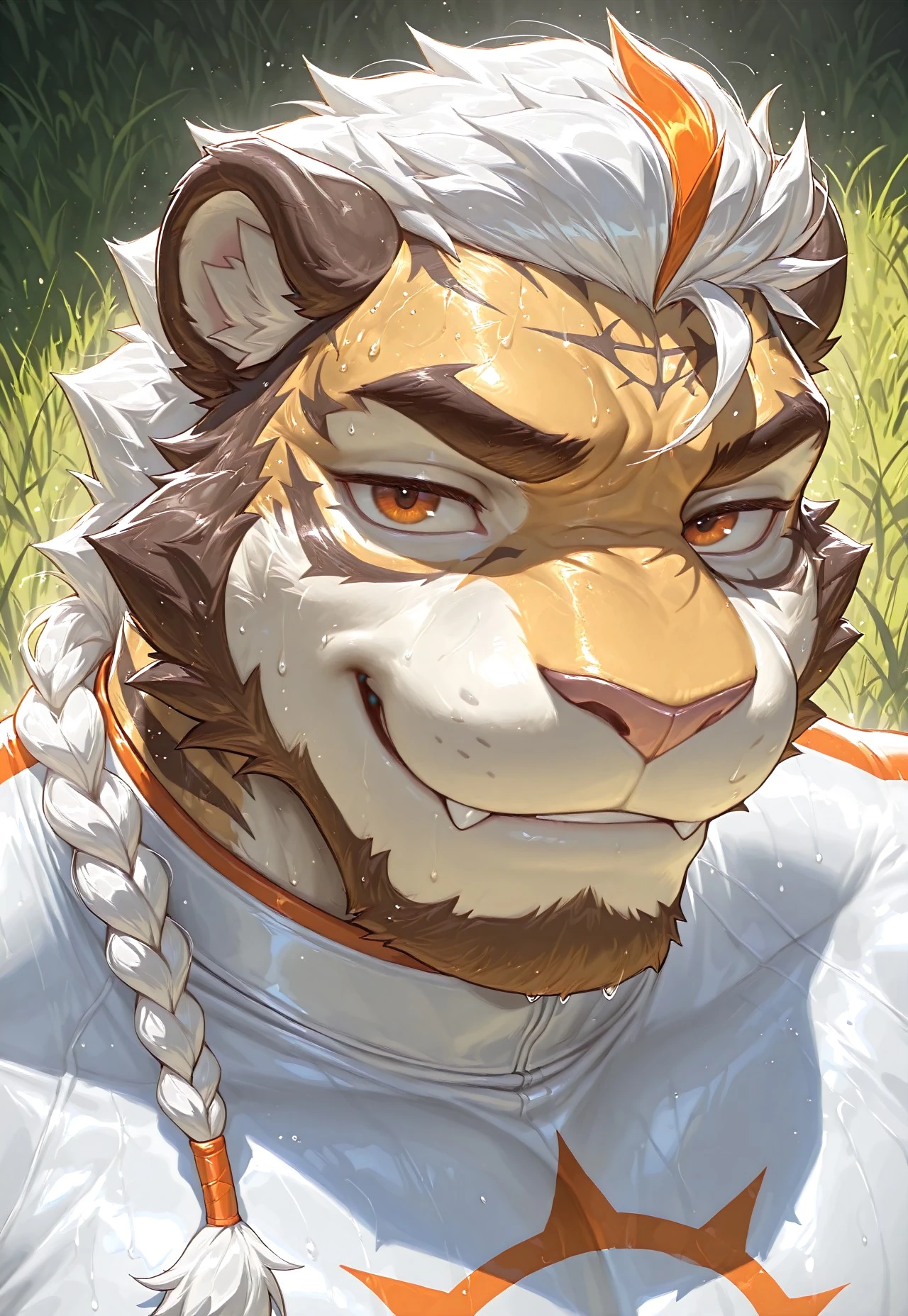 4k, mature, male focus, male, (detailed face), (detailed eyes), sharp focus, masterpiece, best quality, amazing quality, masterpiece, best quality, high quality, good quality, newest, very aesthetic, absurdres, very awa, Smooth Quality, dramatic lighting, animasanimus, thebigslick, anhes, detailed face, detailed anatomy, high detail, (extremely detailed, intricate details), detailed background, furry, ((, musk clouds, sweat,)) realistic, dramatic lighting, ultra-detailed, photo realism, Cinestill, Cinematic Pose, Sharp Focus, Intricate Details, Masterpiece, Best Quality, High Resolution, 4k BREAK 1male, solo, (taiyang, tiger man, single braid, short hair, white hair,orange streak hair, sun tattoo on chest,White and orange bodysuit, orange trim, orange eyes, brown beard,, muscular, musculine, close-up, portrait, happy face,
scenery, grass, look at viewer,