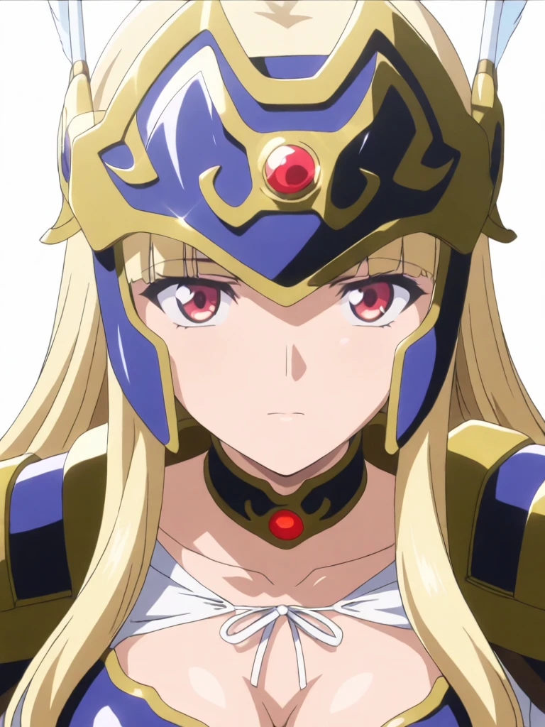 masterpiece,high score,great score,absurdres,anime coloring,looking at viewer,solo,portrait,white background,<lora:Valkyrie_ss ag4o:1> valkyriess, blonde hair, long hair, red eyes,armor,cleavage,