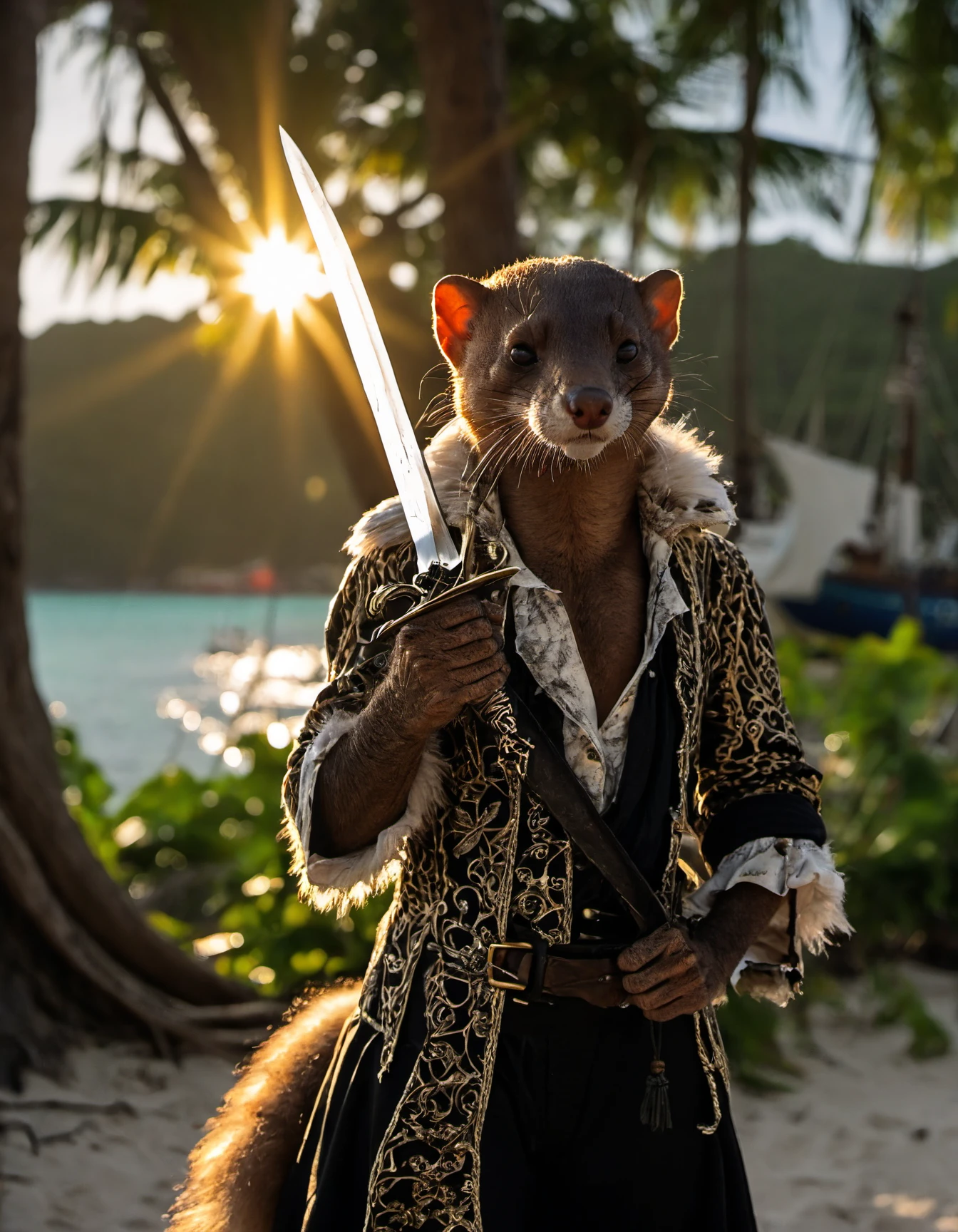 highly detailed portrait of a sly weasel pirate, in pirate clothing, (fur:1.5), (holding a dagger:1.3), magical, bright tropical beach, ocean, sailing ship background, (shallow depth of field:1.4), foliage, global illumination, radiant light, detailed and intricate environment 
amazing Lagoon
charming weather
Ferdinand du Puigaudeau, Tracey Emin, Karl Zerbe
horror-themed . eerie, unsettling, dark, spooky, suspenseful, grim, highly detailed