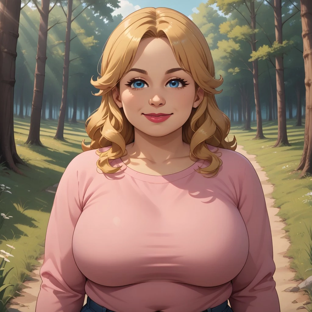 score_9, score_8, BREAK, solo, SugarTDIMii, 1girl, cute, female mii, blonde curly hair with a large puf, blue eyes, cherry lips, lipstick, pink top, navel, indigo blue jeans, blue belt, pink wedge sandals, big breasts, nintendo mii, modern_mii, classic_mii, tall, thick thighs, wide hips, plump, fat, chubby, slightly obese, self portrait, smile, looking at viewer, outdoors, sunlight, shadows, evening lighting, natural lighting, forest, trees, grass, orange sky, sunset