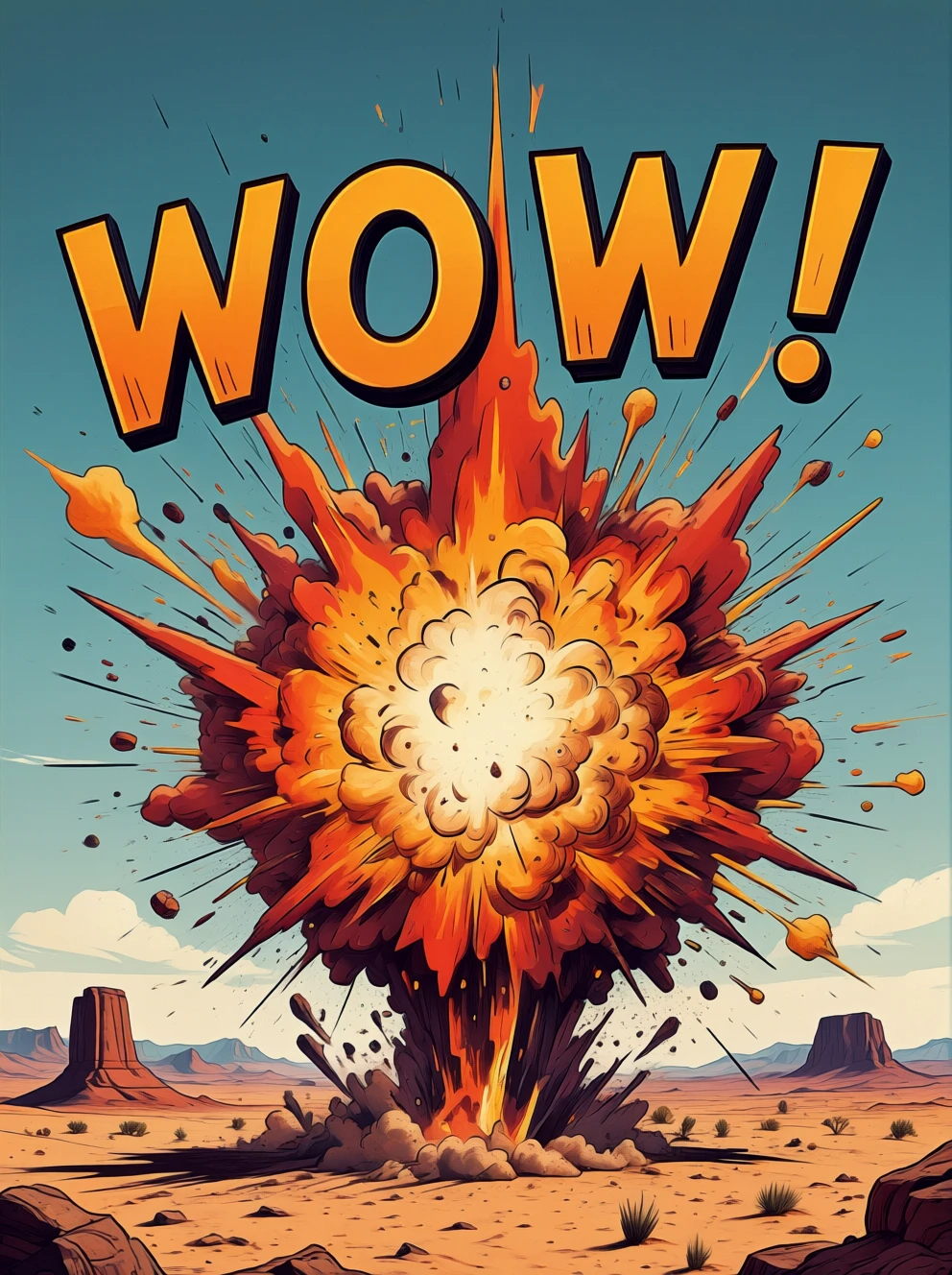 Retro poster art drawing.

Explosion of ideas in the desert. Text: WOW!

The text appears in an explosion of flame and dust.
