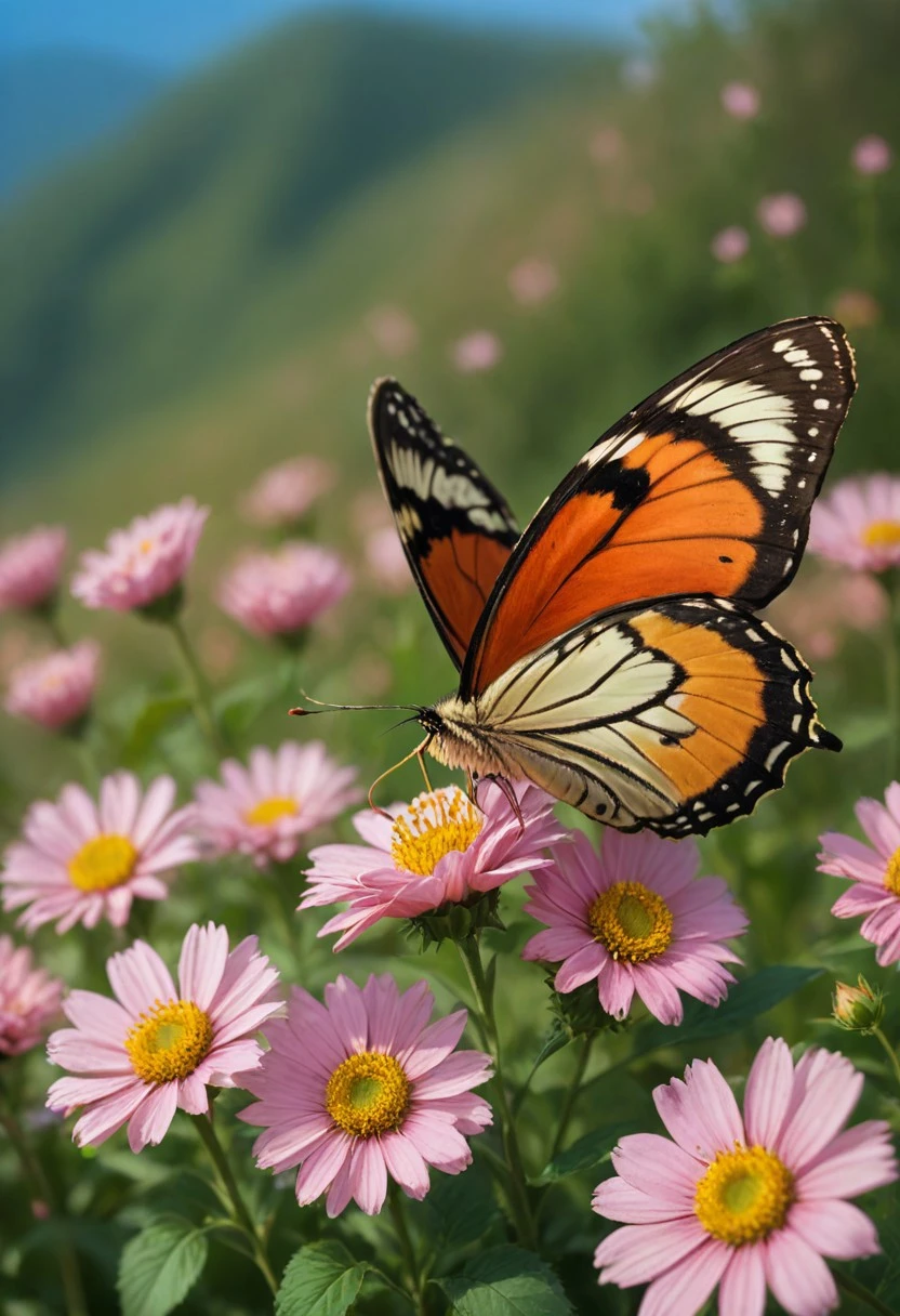 masterpiece, best quality, newest, highres, absurdres, depth of field, focused subject, sfw,
butterfly,
flowers,