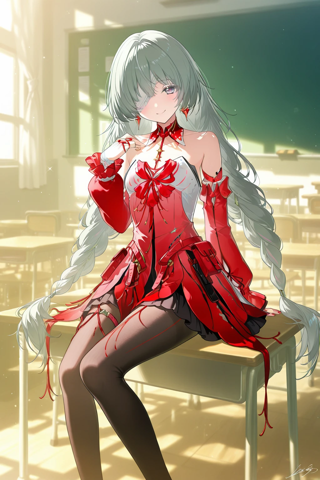 phrolova(wuthering waves),1girl,solo,long hair,braid,twin braids,green hair,earrings,
bandage over one eye,eyepatch,
full body,
dress, pantyhose,  jewelry, bare shoulders, red dress, , detached sleeves, black pantyhose,
sitting,blush,looking at viewer,chalkboard,closed mouth,desk,feet out of frame,classroom,indoors,sitting on desk,on desk,school desk,very long hair,smile,hand up,signature,blurry background,
<lora:phrolova:1>,
