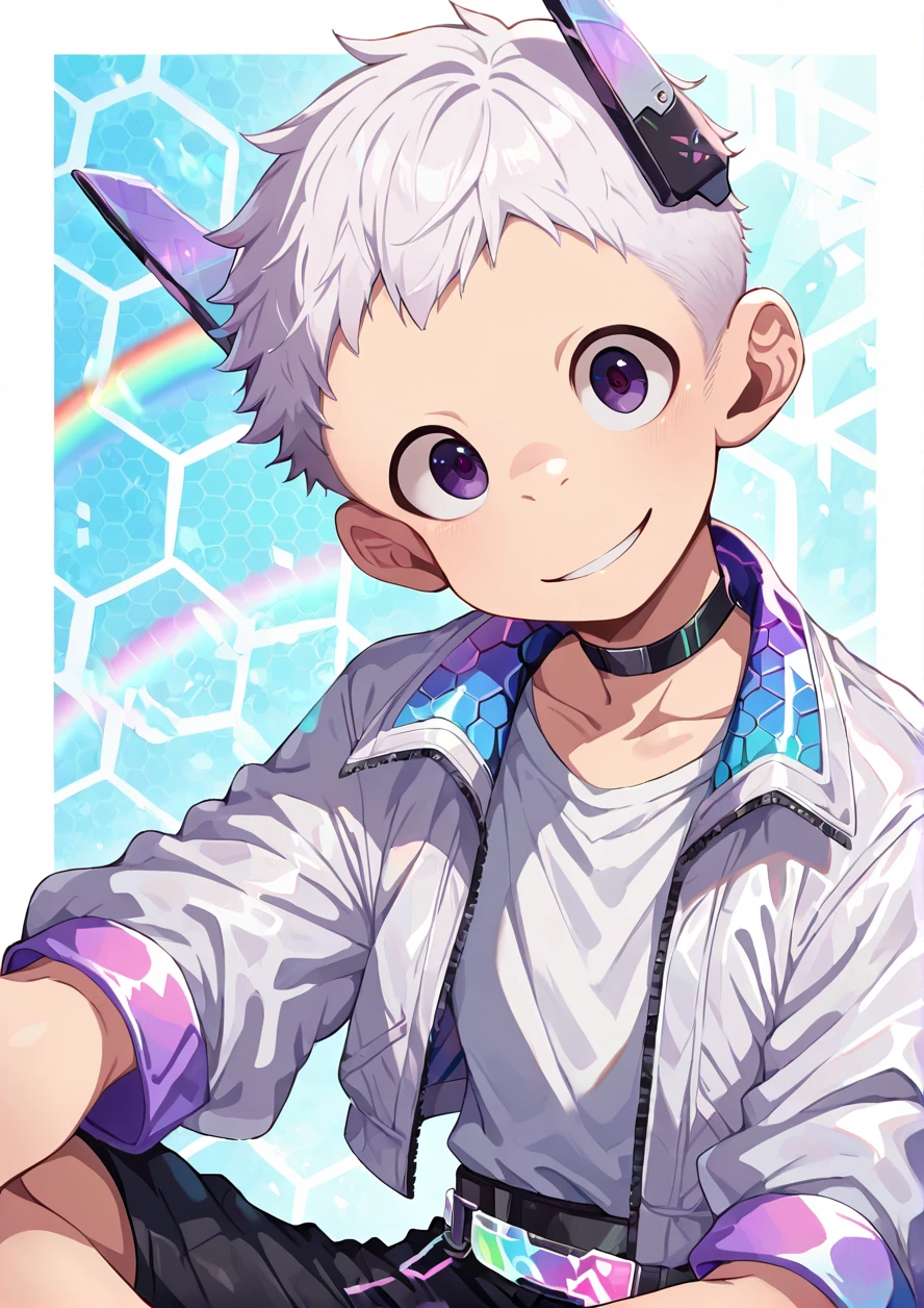 masterpiece,best quality,high quality,1boy,solo,white hair,headgear,purple eyes,very short hair,cyber clothes,black choker,jacket,white shirt,cyber belt, short bottoms,smile,upper body,hexagon,sitting,honeycomb \(pattern\),rainbow, <lora:ããããwaryusya_IL3.5:1>