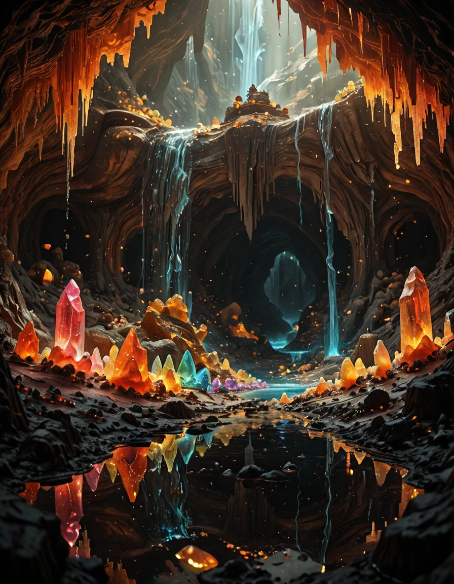 <lora:MW_Dwarven_betaill:1> vast underground cavern glowing with giant crystals, light reflecting in rainbow colors, dwarves mining carefully with pickaxes, carts full of gems, glowing crystal towers, water streams reflecting light, magical fantasy atmosphere, epic cinematic perspective, vibrant colors, breathtaking beauty