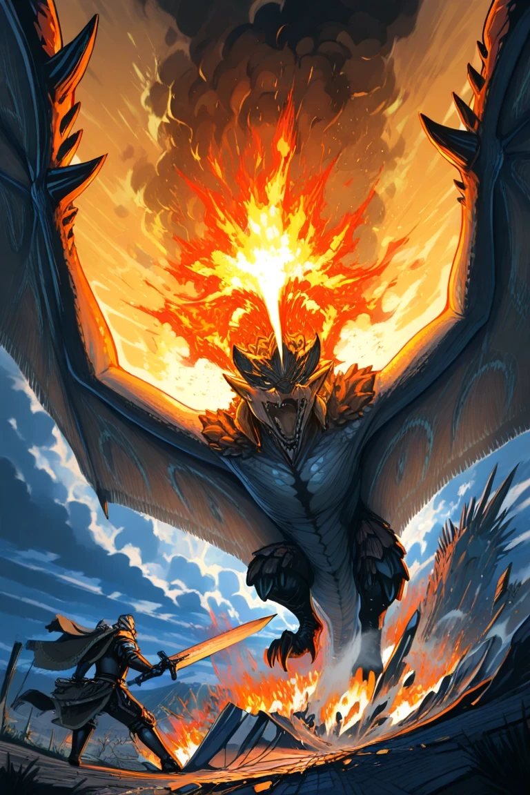 masterpiece,amazing quality,best quality,ultra-detailed,8K,illustration,CG, ultra-detailed-eyes, detailed background, Turf war, Rathalos the dragon wyvern, enormous wings spread wide, fiery scales glowing, fire breath erupting, facing human hunters in battle, hunters in medieval armor, wielding massive greatsword, bow, and gunlance, humans charging bravely against the towering monster, humans vs monster confrontation, dramatic size contrast, fire and smoke, shattered ground beneath Rathalos landing, fantasy battlefield, cinematic dust and sparks, golden sunlight breaking through clouds, intense atmosphere, high fantasy painting, Elden Ring style boss fight, Monster Hunter artwork
