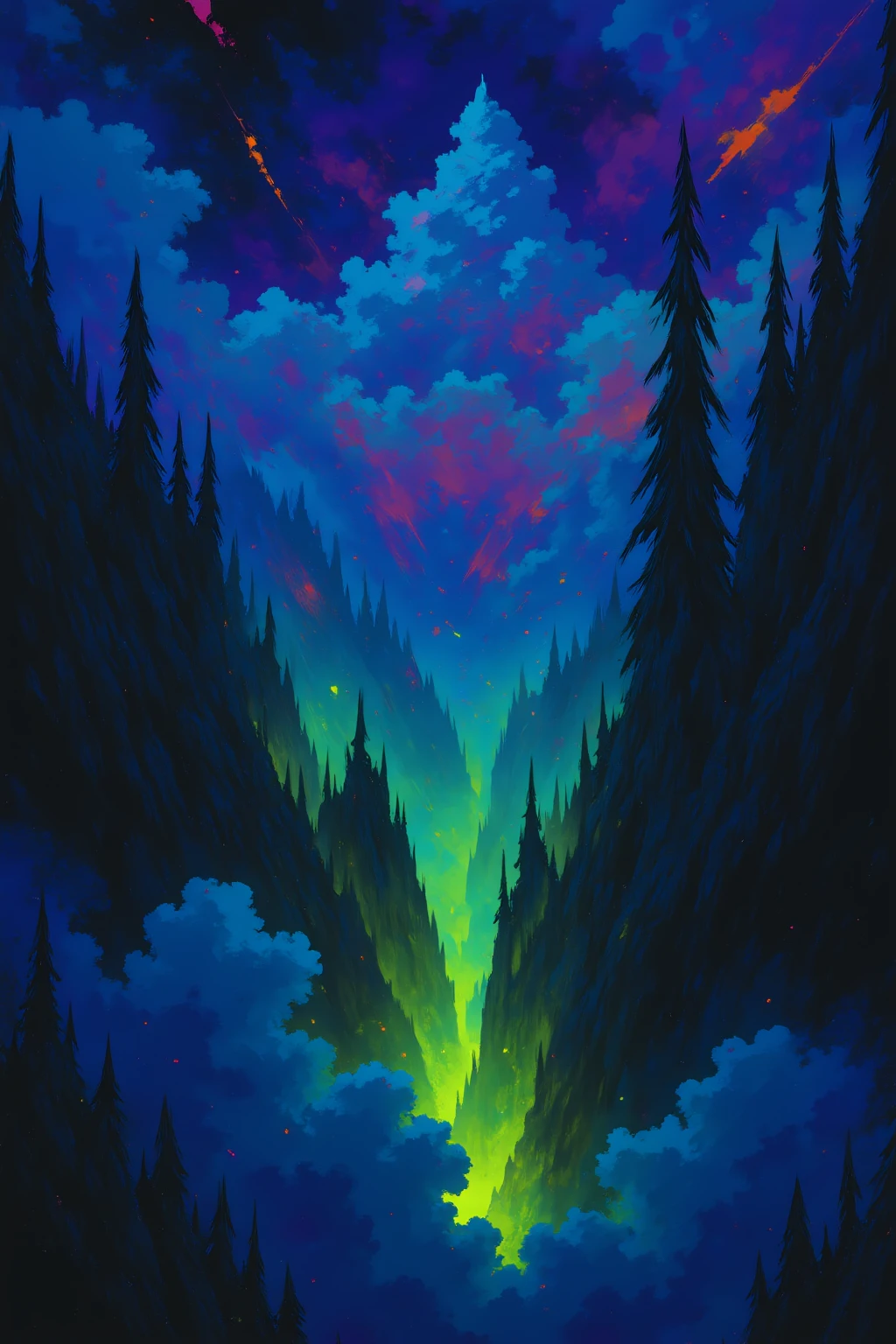 An anime-inspired mountain range made of floating peaks connected by glowing roots, suspended over a valley of glowing mist. The canvas is filled edge-to-edge with towering shapes and vivid contrast: saturated greens, glowing blue light, deep purples, and painterly cloud scatter.
Style: fantasy painterly realism, anime-inspired scale and depth, layered atmosphere
Background: full canvas coverage, vivid tone layering


PaintStorm-Mk.1