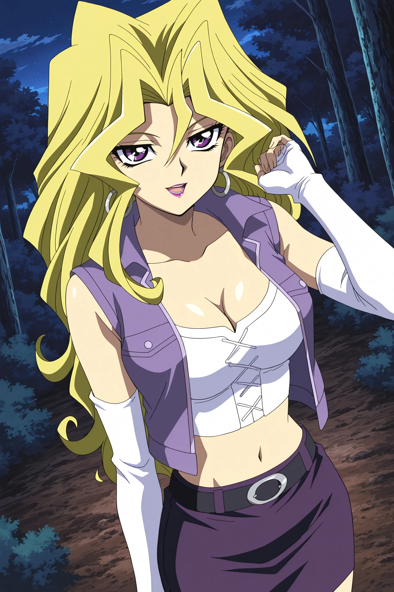 anime screencap, anime coloring, detailed face, masterpiece, best quality, very aesthetic, absurdres, volumetric lighting, official style, amazing quality, ultra detailed, highres, amazing quality, scenery, beautiful detailed hair, beautiful detailed eyes,
<lora:Mai_Valentine_Yu-Gi-Oh_-_Illustrious_V2:1>
in a forest, night,
Mai Valentine (character), 1girl, blonde hair, long hair, purple eyes, hair between eyes, medium breasts, collarbone, lipstick, makeup, silver hoop earrings, white crop top, purple jacket vest, cleavage, midriff, white elbow gloves, fingerless gloves, belt, pencil skirt, cowboy shot, sleeveless vest,
cowboy shot, looking at the viewer, seductive smile, eyelids half closed, open mouth, (dutch angle), high angle,