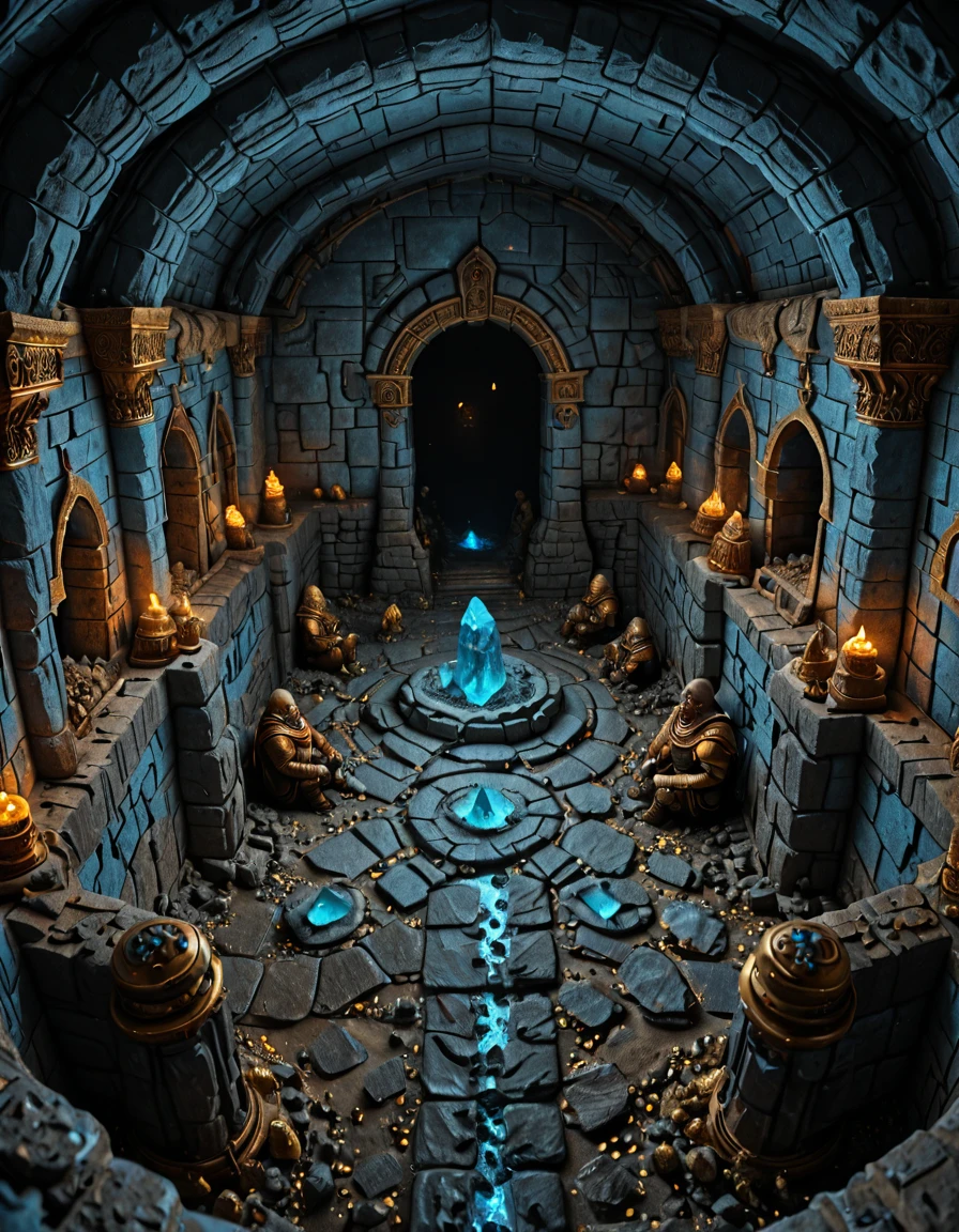 <lora:MW_Dwarven_betaill:1> underground fortress, dwarven guards, golden forges, heavy stone walls, ancient architecture, blue, aerial view,